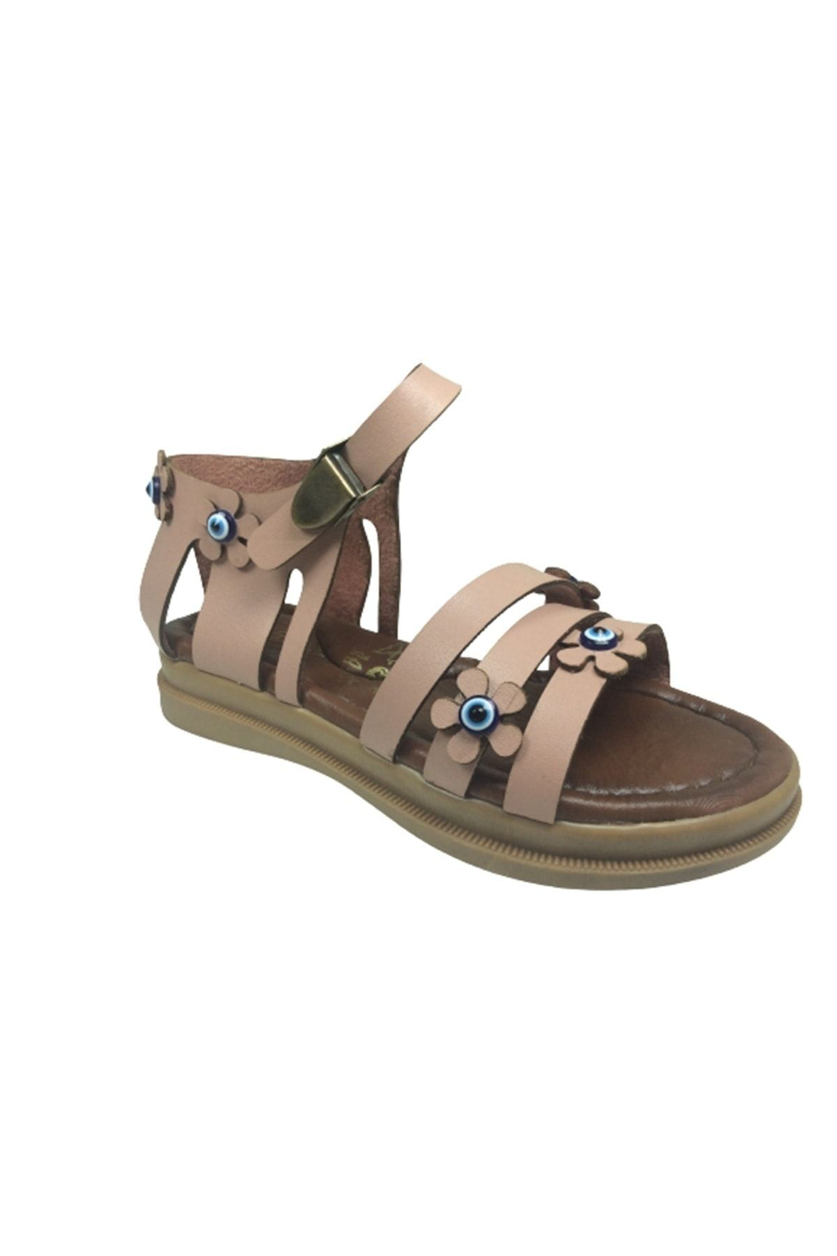 Ortopedikal Grafen Patik Kız Çocuk Sandalet Pudra 3 Bant Atkılı Nazar Boncukl