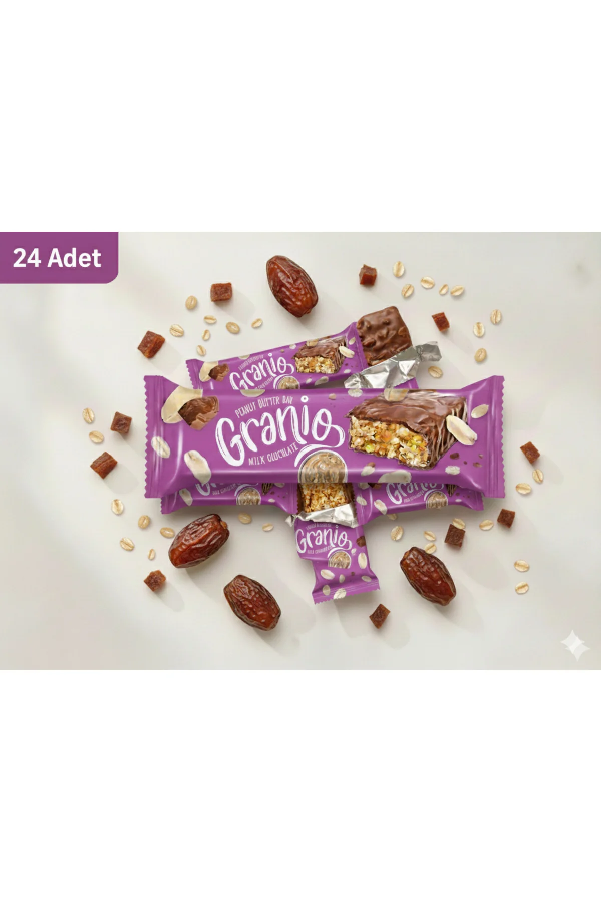 GRANİO Bademli Hurmalı Sütlü Çikolata Kaplı Bar 40 gr X 24 Adet GRANİO Bademli Hurmalı Sütlü Çikolata Kaplı Bar 40 gr X 24 Adet