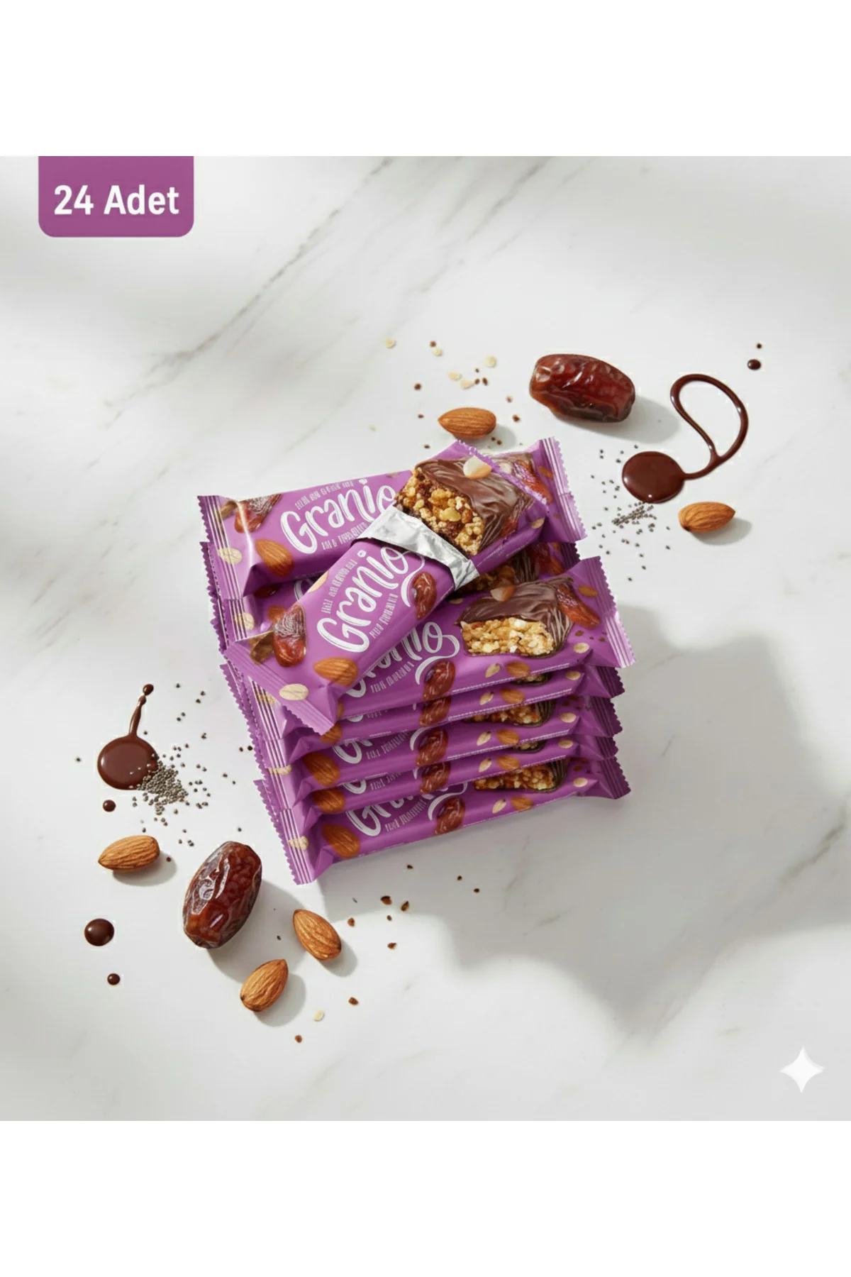 GRANİO Bademli Hurmalı Sütlü Çikolata Kaplı Bar 40 gr X 24 Adet GRANİO Bademli Hurmalı Sütlü Çikolata Kaplı Bar 40 gr X 24 Adet