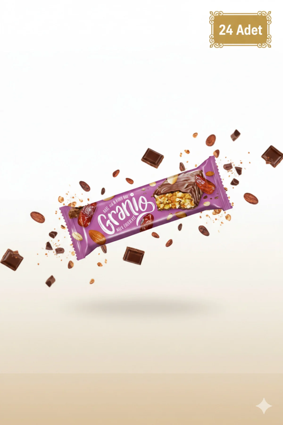 GRANİO Bademli Hurmalı Sütlü Çikolata Kaplı Bar 40 gr X 24 Adet GRANİO Bademli Hurmalı Sütlü Çikolata Kaplı Bar 40 gr X 24 Adet