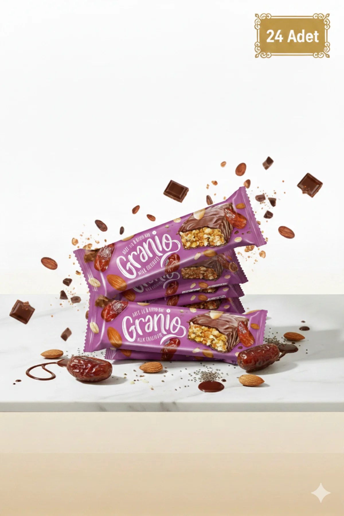 GRANİO Bademli Hurmalı Sütlü Çikolata Kaplı Bar 40 gr X 24 Adet GRANİO Bademli Hurmalı Sütlü Çikolata Kaplı Bar 40 gr X 24 Adet