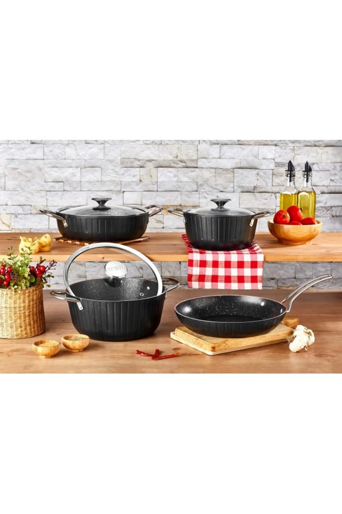 GRANİT DELUX 7 Prç. TENCERE SETİ * Borda* Siyah * Gri