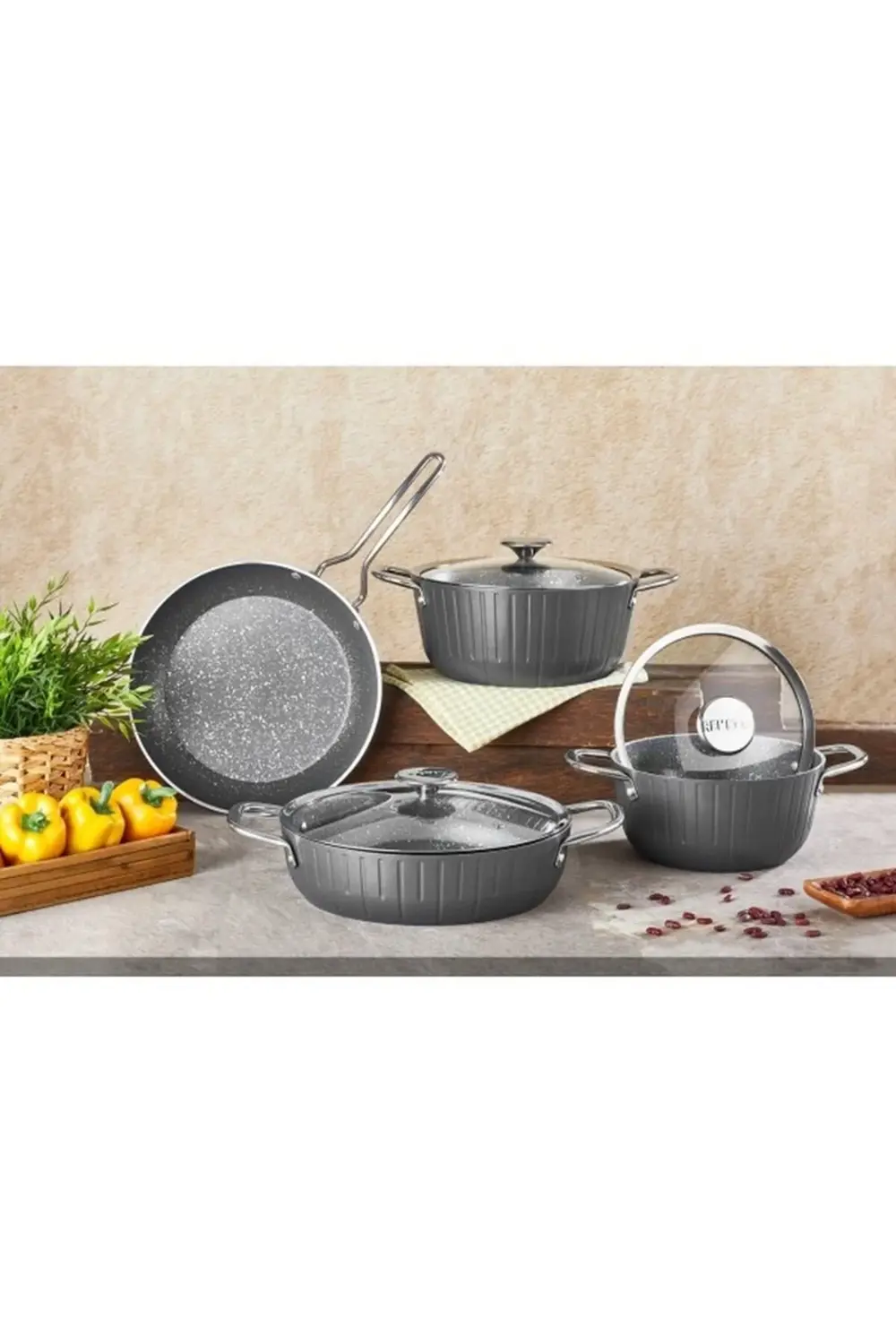 GRANİT DELUX 7 Prç. TENCERE SETİ * Borda* Siyah * Gri