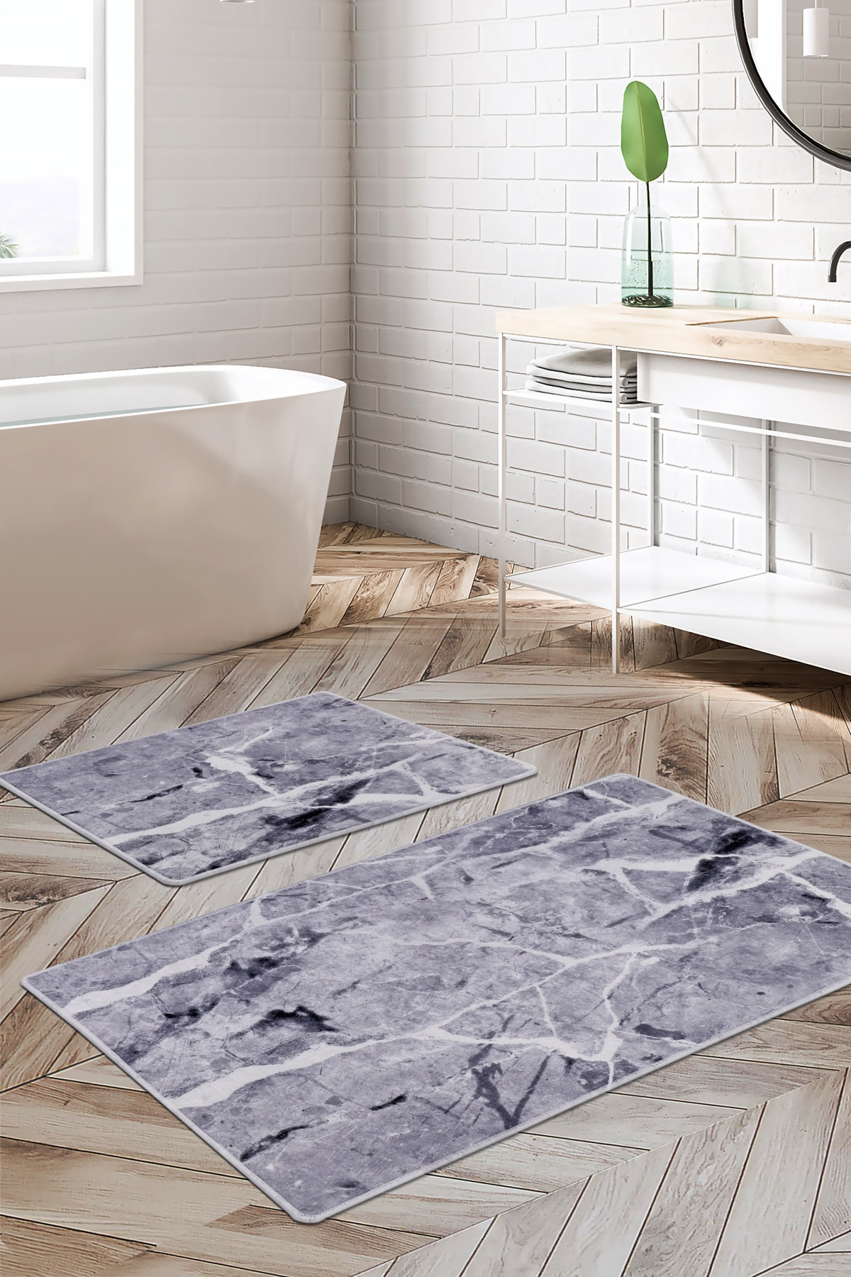 Granit Gri Dijital Ikili Banyo Paspası Klozet Takımı Antibakteriy
