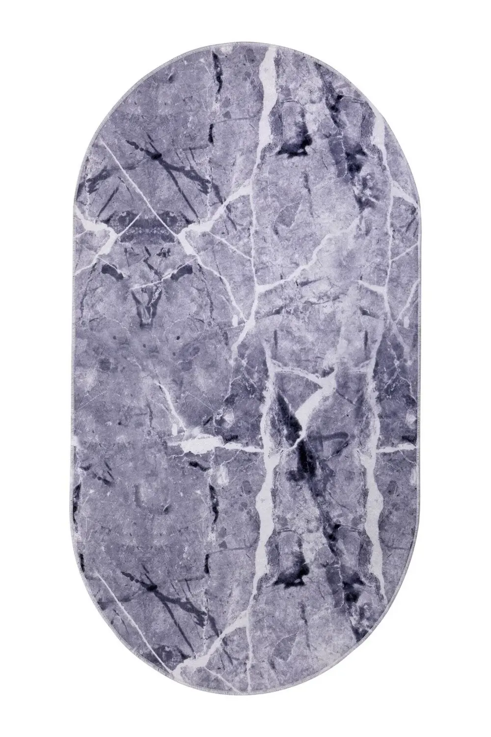 Granit Gri Saçaksız Dijital Oval Halı Kaymaz Yıkanabilir Dekorati