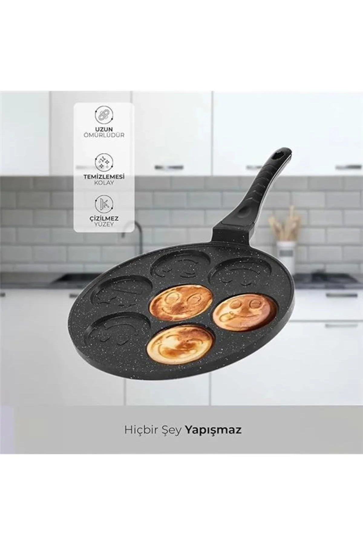 Granit Kaplama Yanmaz Yapışmaz Döküm Gülenyüz Pankek Krep Tavası,
