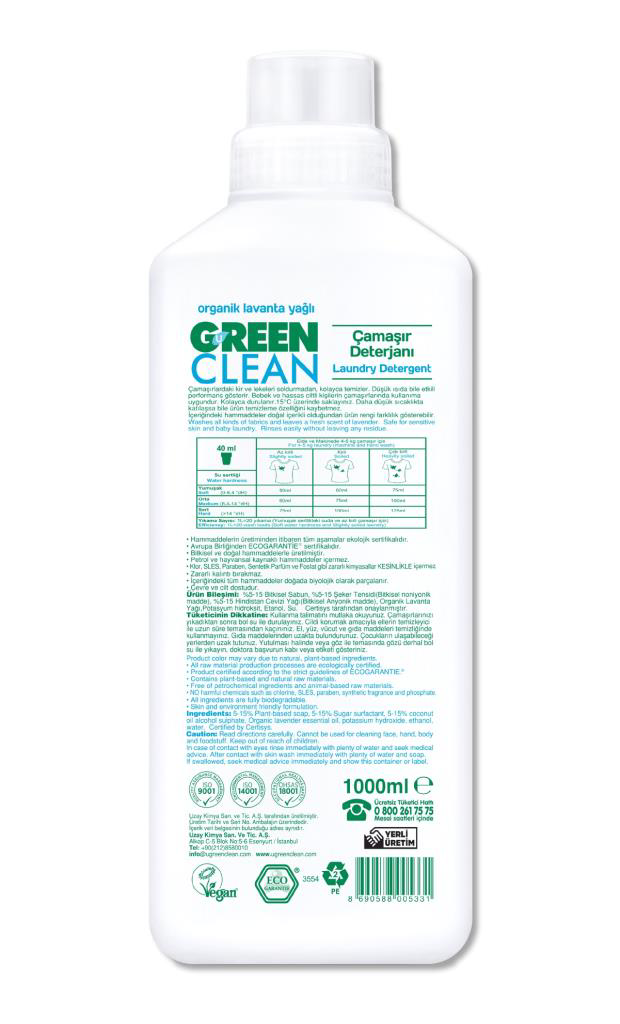 Green Clean Bitkisel Çamaşır Deterjanı 1000 ml (20 Yıkama)