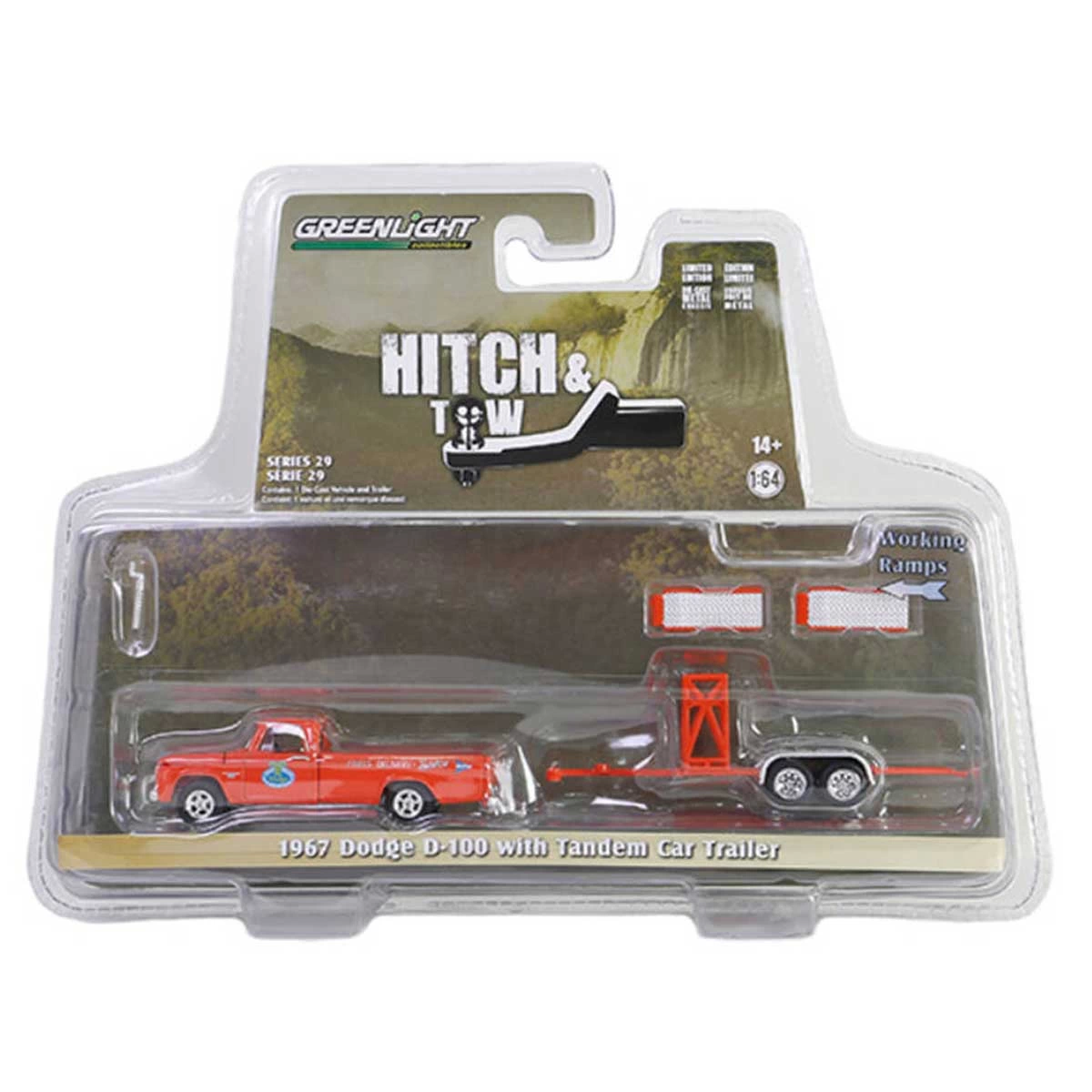 Greenlight 1:64 1967 Dodge D-100 with Tandem Car Trailer Greenlight 1:64 1967 Dodge D-100 with Tandem Car Trailer