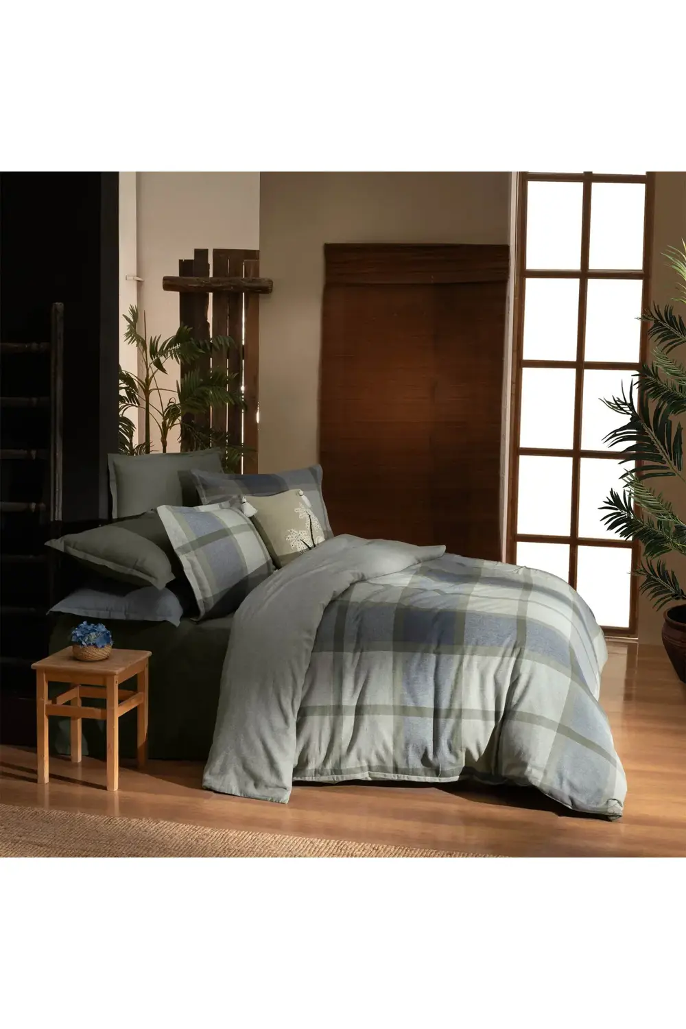 Gretna Haki Flanel %100 Pamuk Çift Kişilik Nevresim Takımı