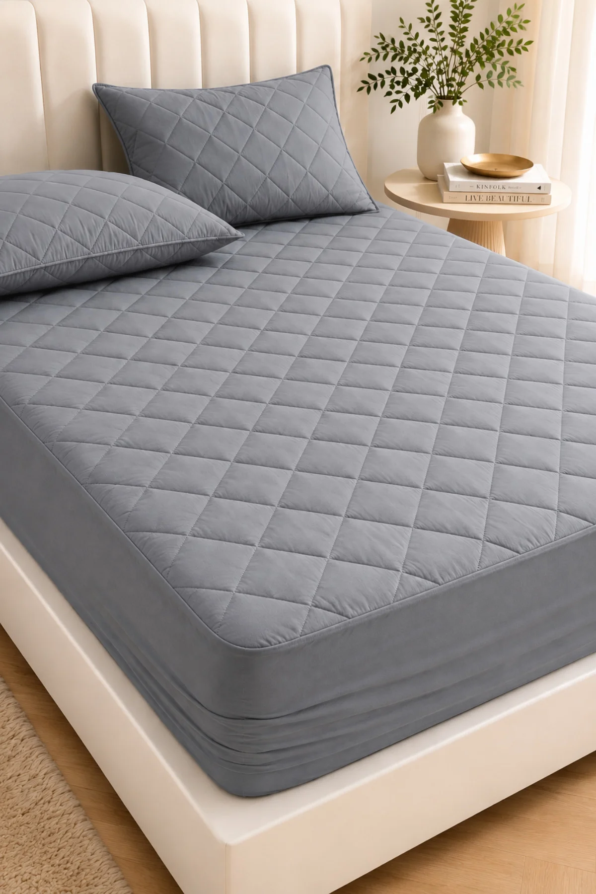 Gri %100 Pamuk Kapitone Fitted Yatak Koruyucu Çarşaf - Bebek-Tek-Çift Kişilik-Battal Yatak Alezi