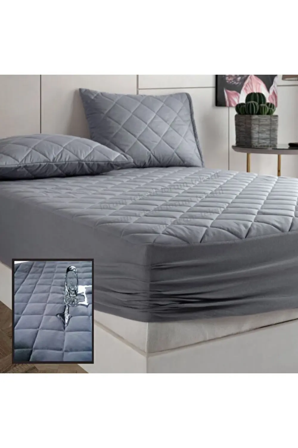 Gri %100 Pamuk Kapitone Fitted Su Sıvı Geçirmez Yatak Koruyucu Te