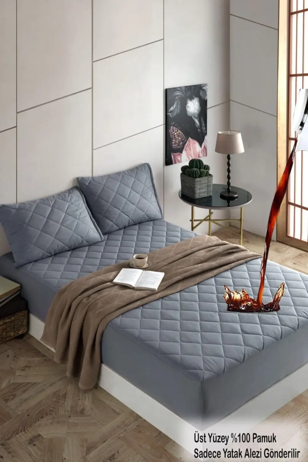 Gri %100 Pamuk Kapitone Fitted Su Sıvı Geçirmez Yatak Koruyucu Te