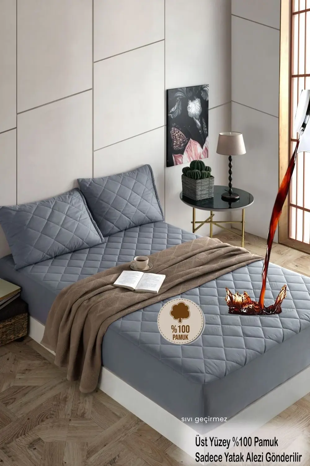 Gri %100 Pamuk Kapitone Fitted Su Sıvı Geçirmez Yatak Koruyucu Te