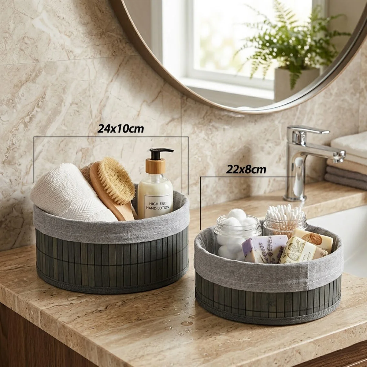 GRİ 2 BOY YUVARLAK BAMBU KENAR ORGANİZER SEPET AHŞAP ALTLIK - BEZ