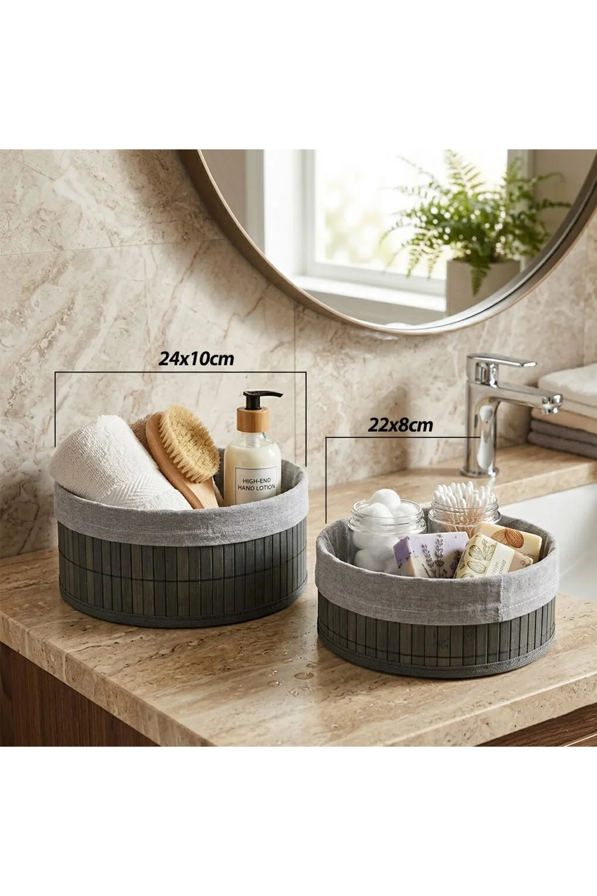 Gri 2 Boy Yuvarlak Bambu Kenar Organizer Sepet Ahşap Altlık - Bezli ÇAP=22X24CM