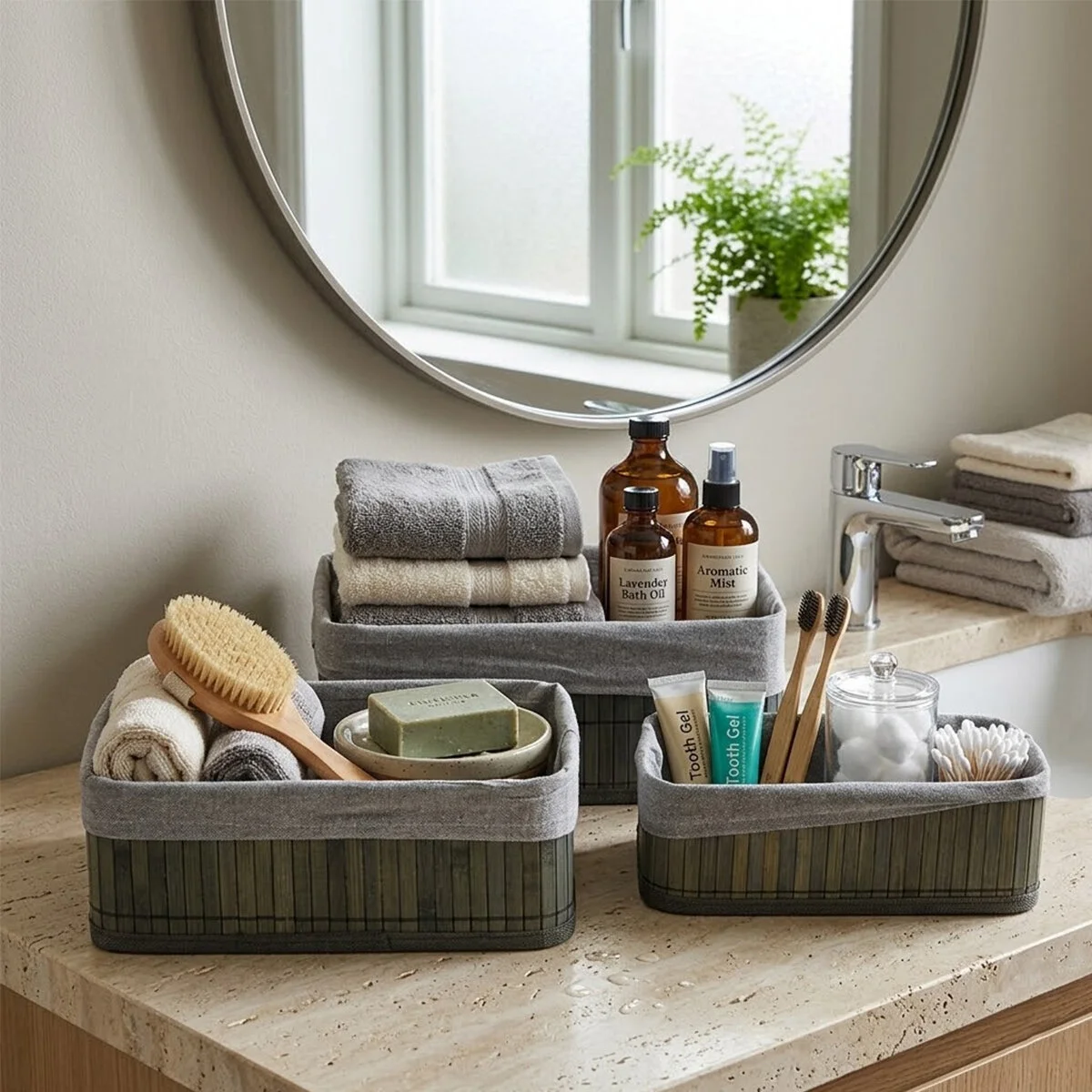 Gri 3 Boy D.dörtgen Bambu Kenar Organizer Sepet Ahşap Altlık - Bezli 25x14-28x18-20x30cm Bx40 Fiyatı, Yorumları ve Özellikleri