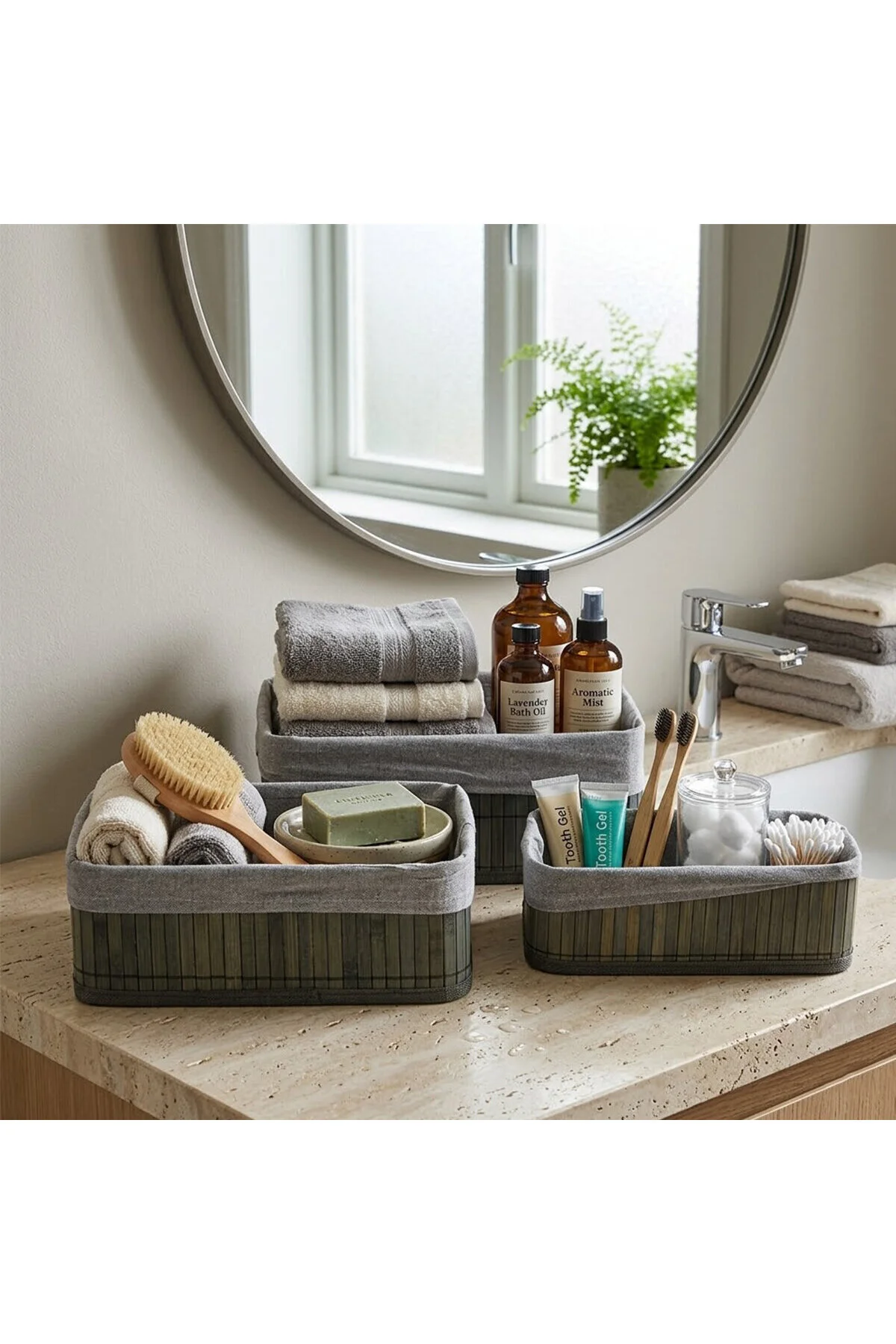 Gri 3 Boy D.dörtgen Bambu Kenar Organizer Sepet Ahşap Altlık - Bezli 25X14-28X18-20X30CM - Görsel 2