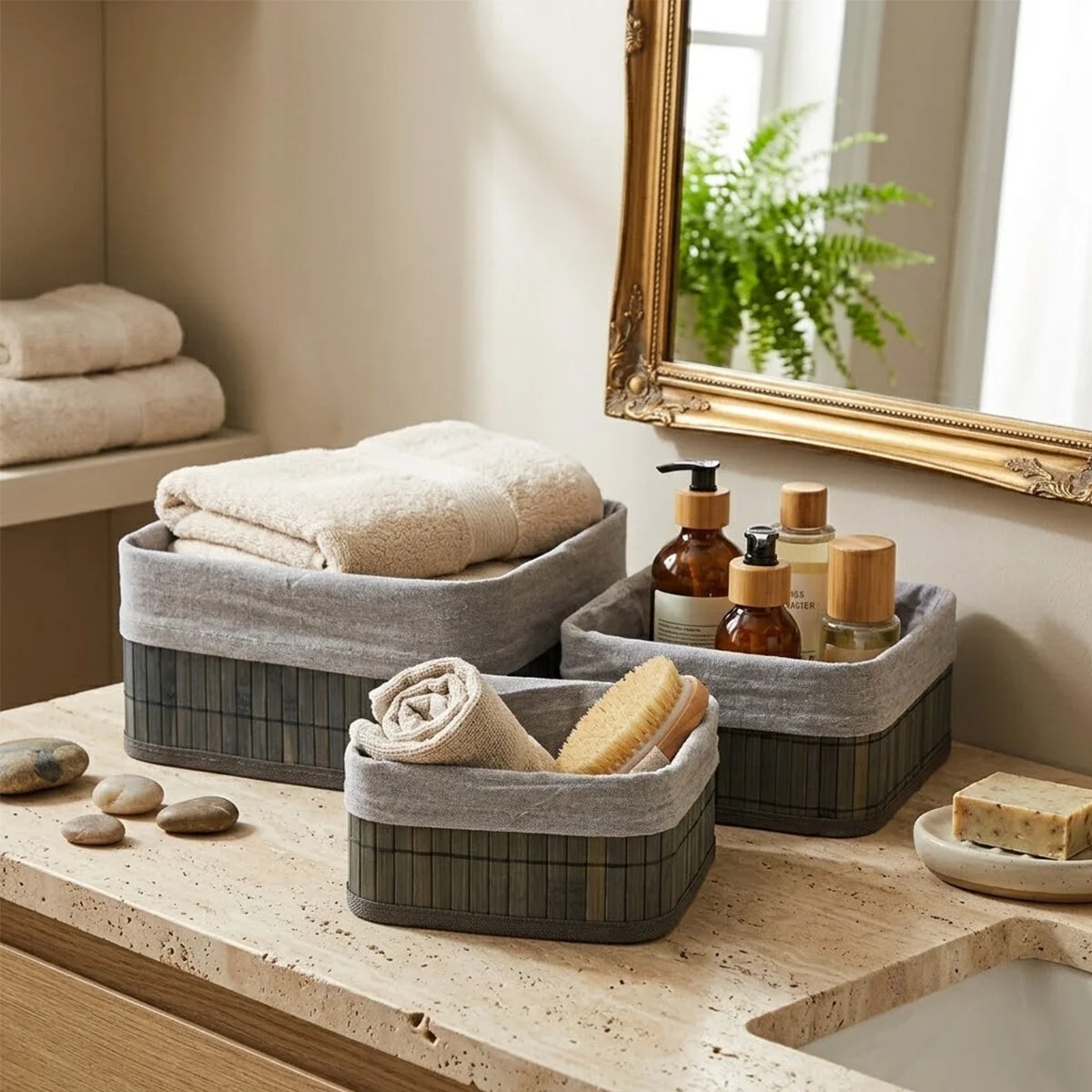 Gri 3 Boy Kare Bambu Kenar Organizer Sepet Ahşap Altlık - Bezli 17x21x25cm Bx40 Fiyatı, Yorumları ve Özellikleri