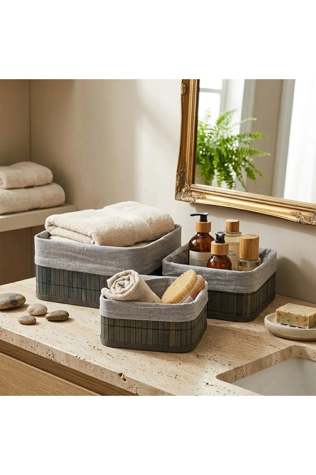 Gri 3 Boy Kare Bambu Kenar Organizer Sepet Ahşap Altlık - Bezli 17X21X25CM Gri 3 Boy Kare Bambu Kenar Organizer Sepet Ahşap Altlık - Bezli 17X21X25CM