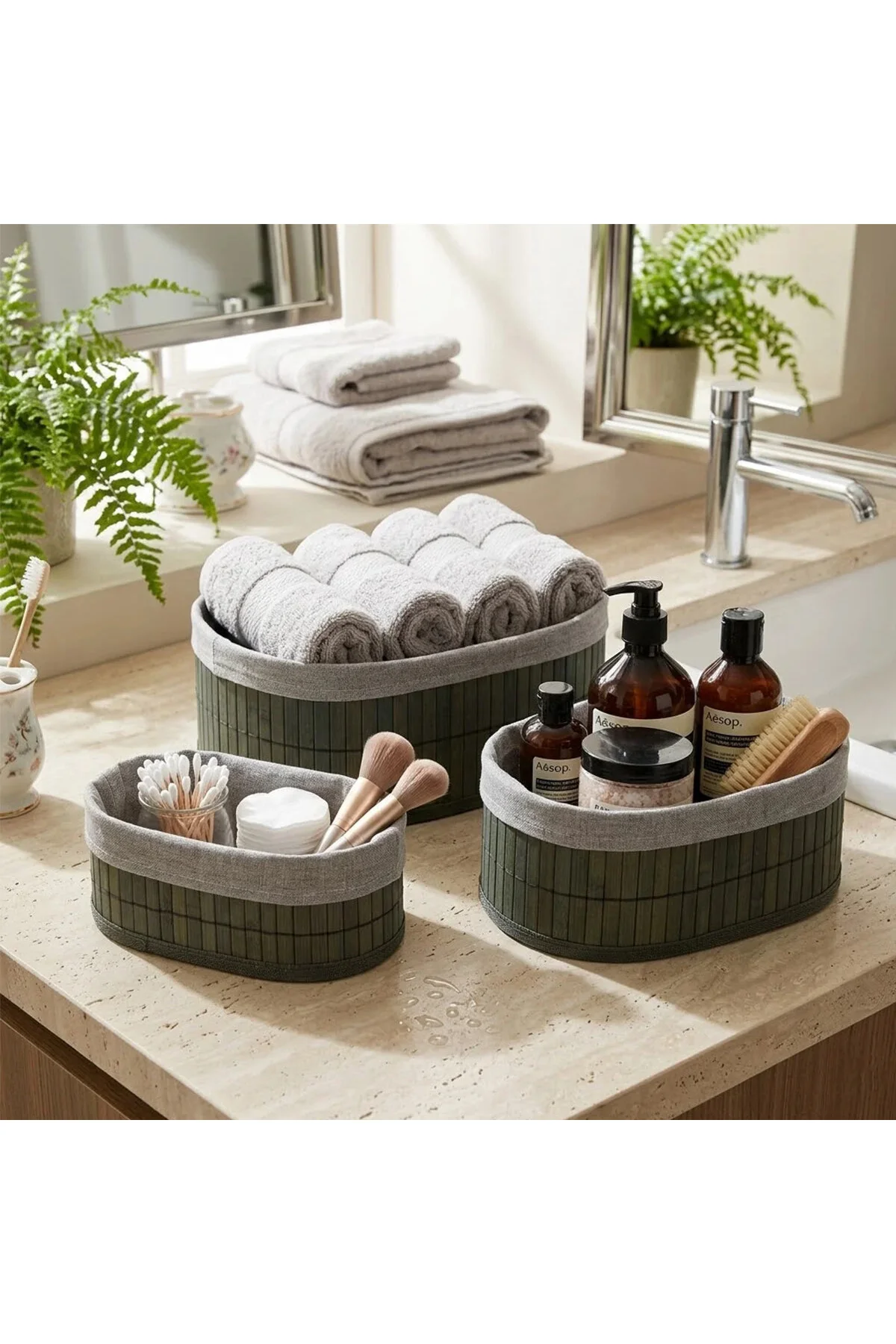 Gri 3 Boy Oval Bambu Kenar Organizer Sepet Ahşap Altlık - Bezli 12X21-16X25-20X30CM Gri 3 Boy Oval Bambu Kenar Organizer Sepet Ahşap Altlık - Bezli 12X21-16X25-20X30CM