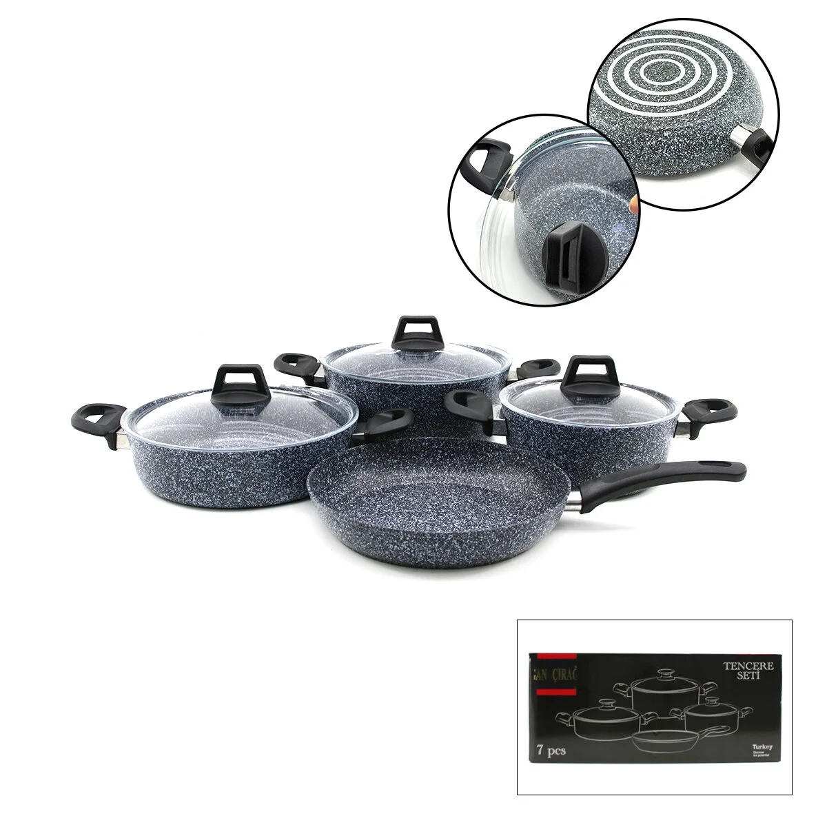 Gri 7 Parça Granit Tencere - Tava Seti 20-24cm Derin - 27cm Basık Cam Kapak Tencere - 26cm Tava Bx40 Fiyatı, Yorumları ve Özellikleri