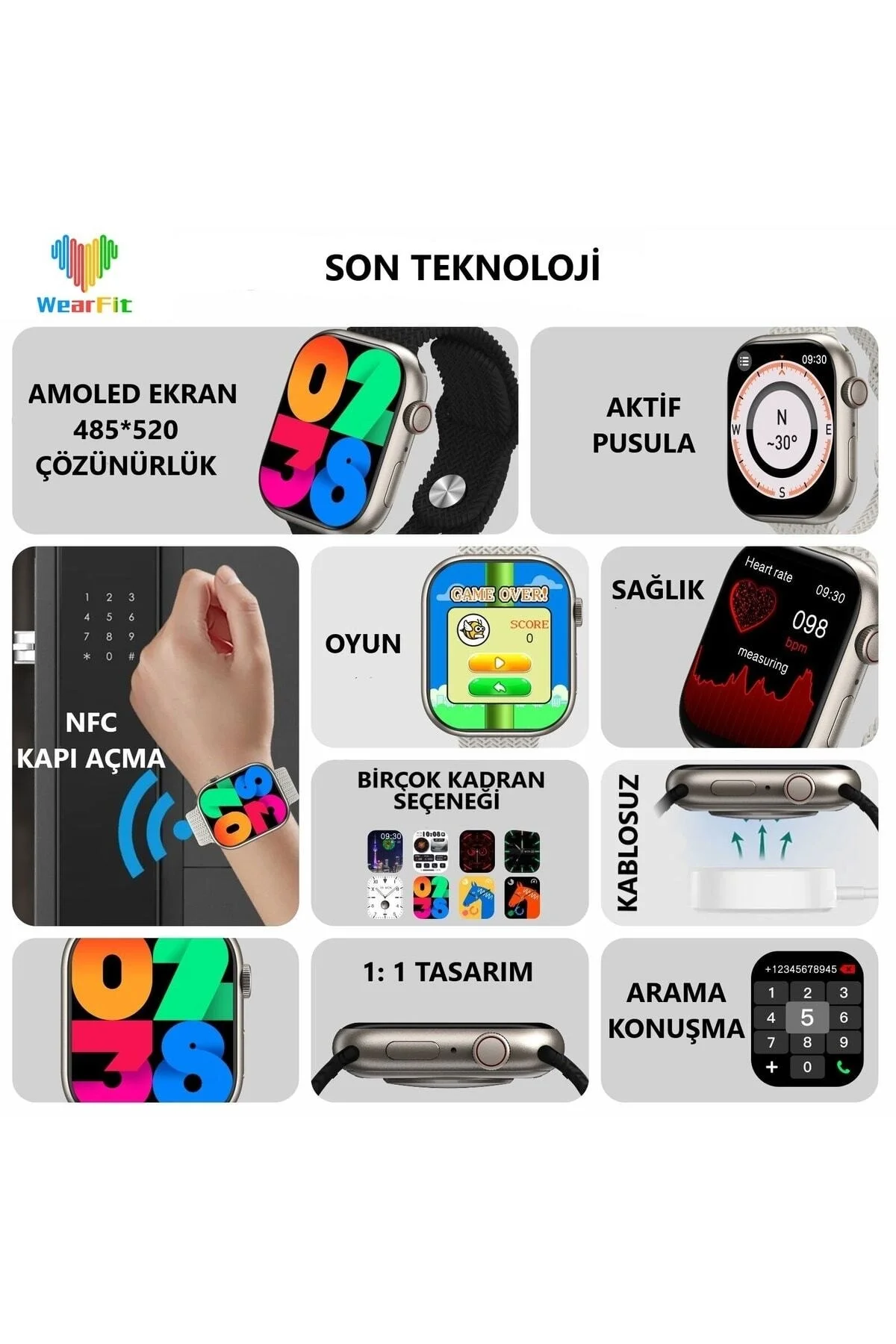 Gri Akıllı Saat, AMOLED Ekranlı, Nabız ve Uyku Takibi Özellikli, 3 Adet Siyah Silikon Kordonlu
