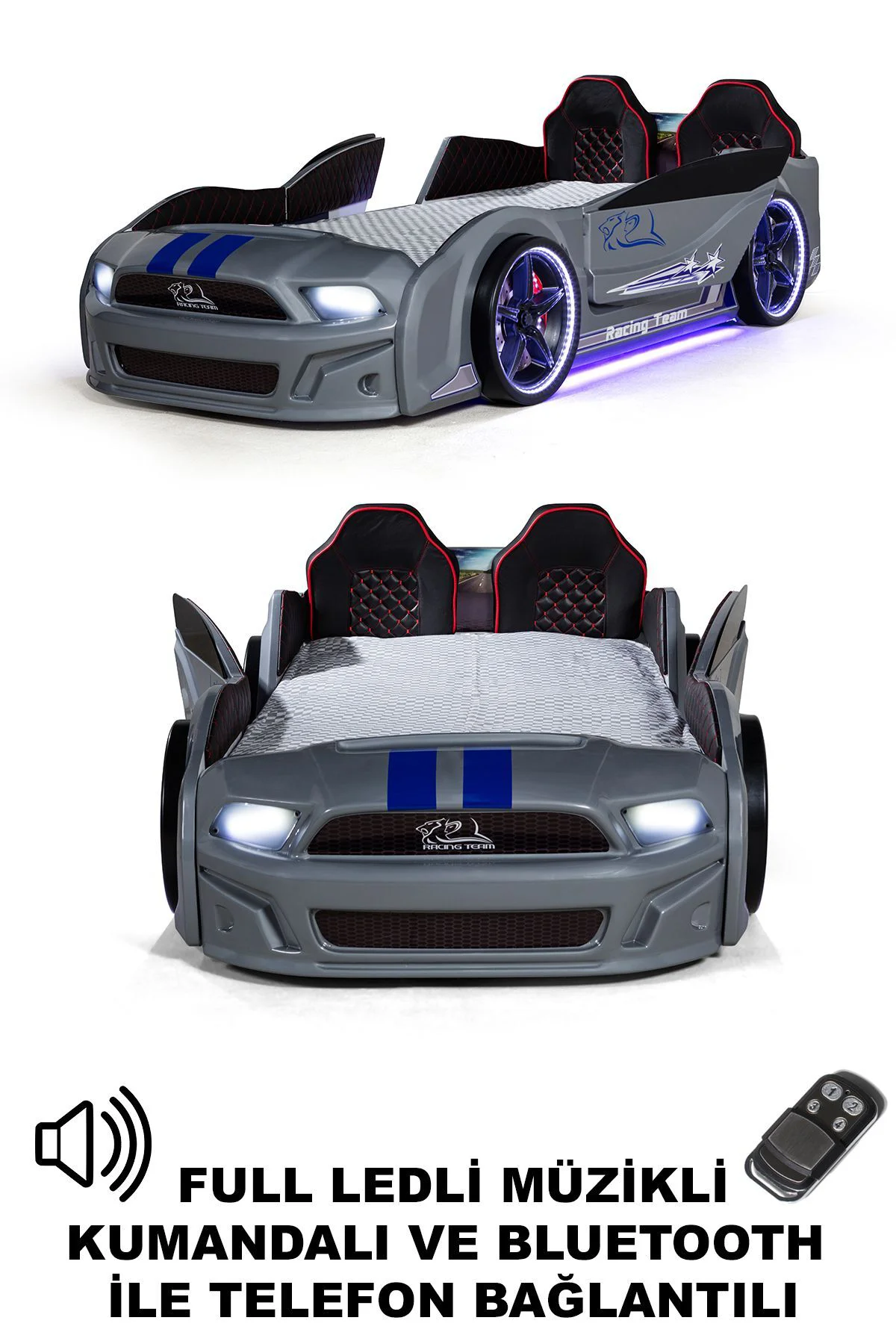 Gri Arabalı Yatak Kapıları Açılan Mustang Full Ledli Kumandalı ve Müzikli