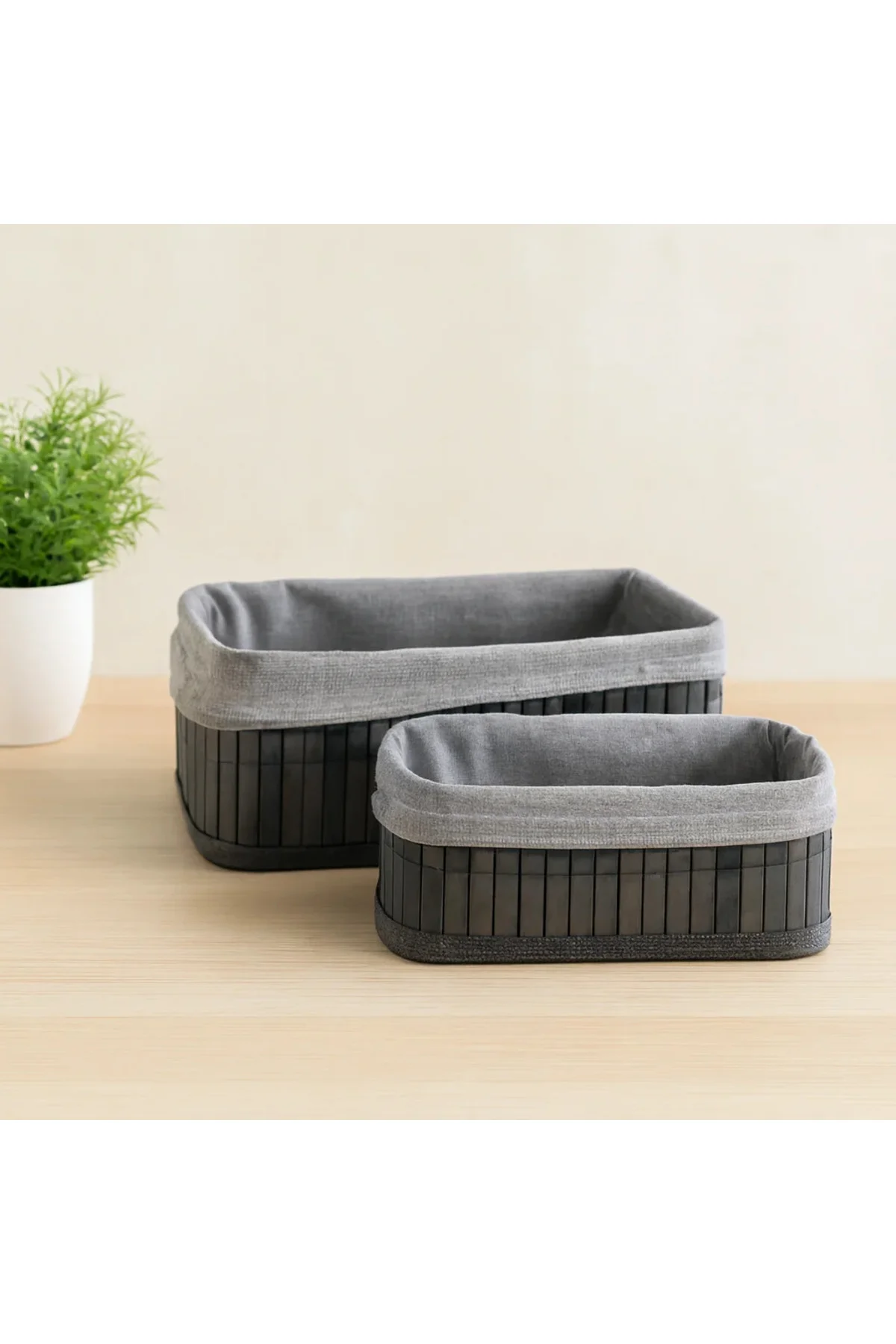 Gri Bambu Kenarlı Dikdörtgen Organizer Sepet (25x14 / 28x18 cm) - Ahşap Taban, Bezli Gri Bambu Kenarlı Dikdörtgen Organizer Sepet (25x14 / 28x18 cm) - Ahşap Taban, Bezli