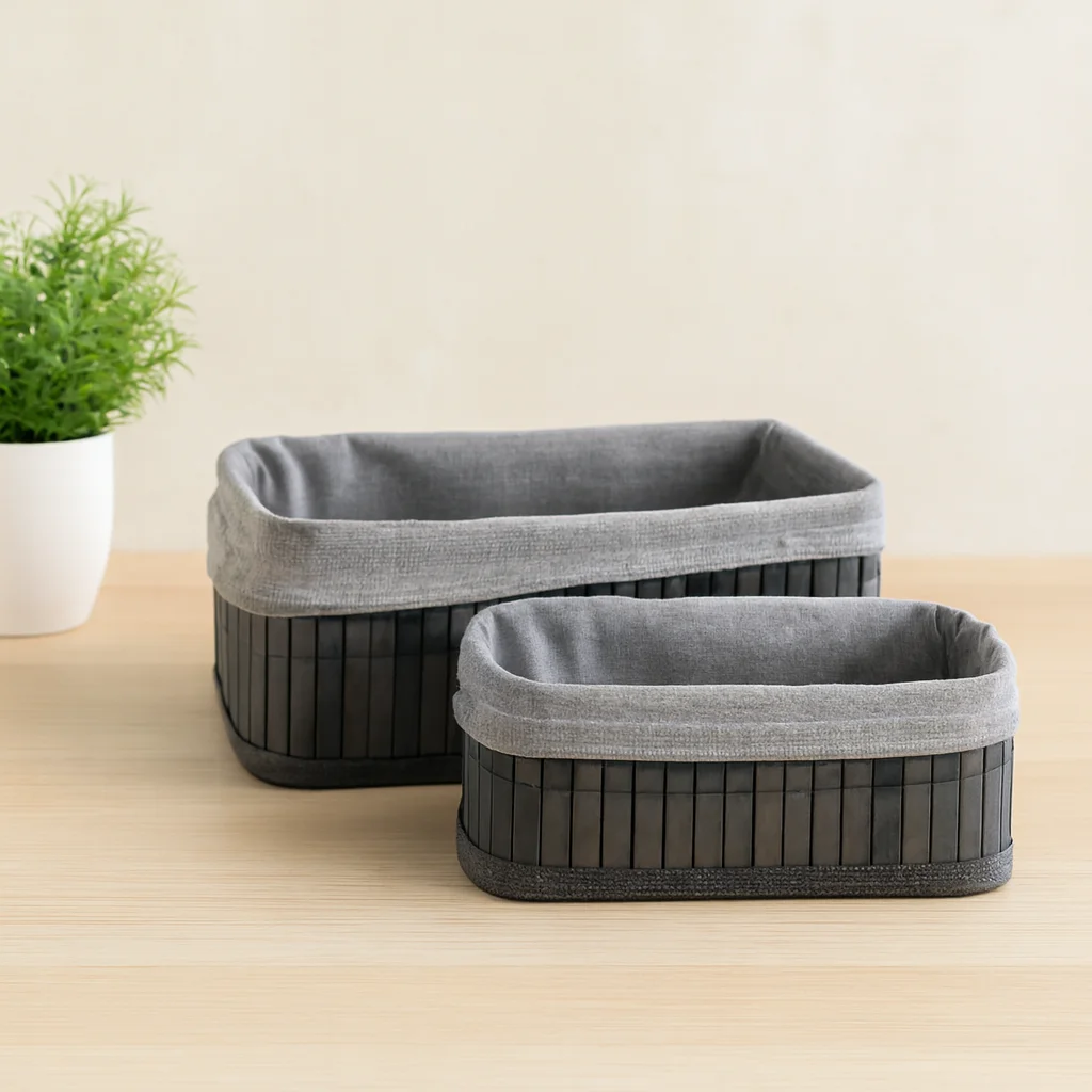Gri Bambu Kenarlı Dikdörtgen Organizer Sepet (25x14 / 28x18 cm) - Ahşap Taban, Bezli Fiyatı, Yorumları ve Özellikleri