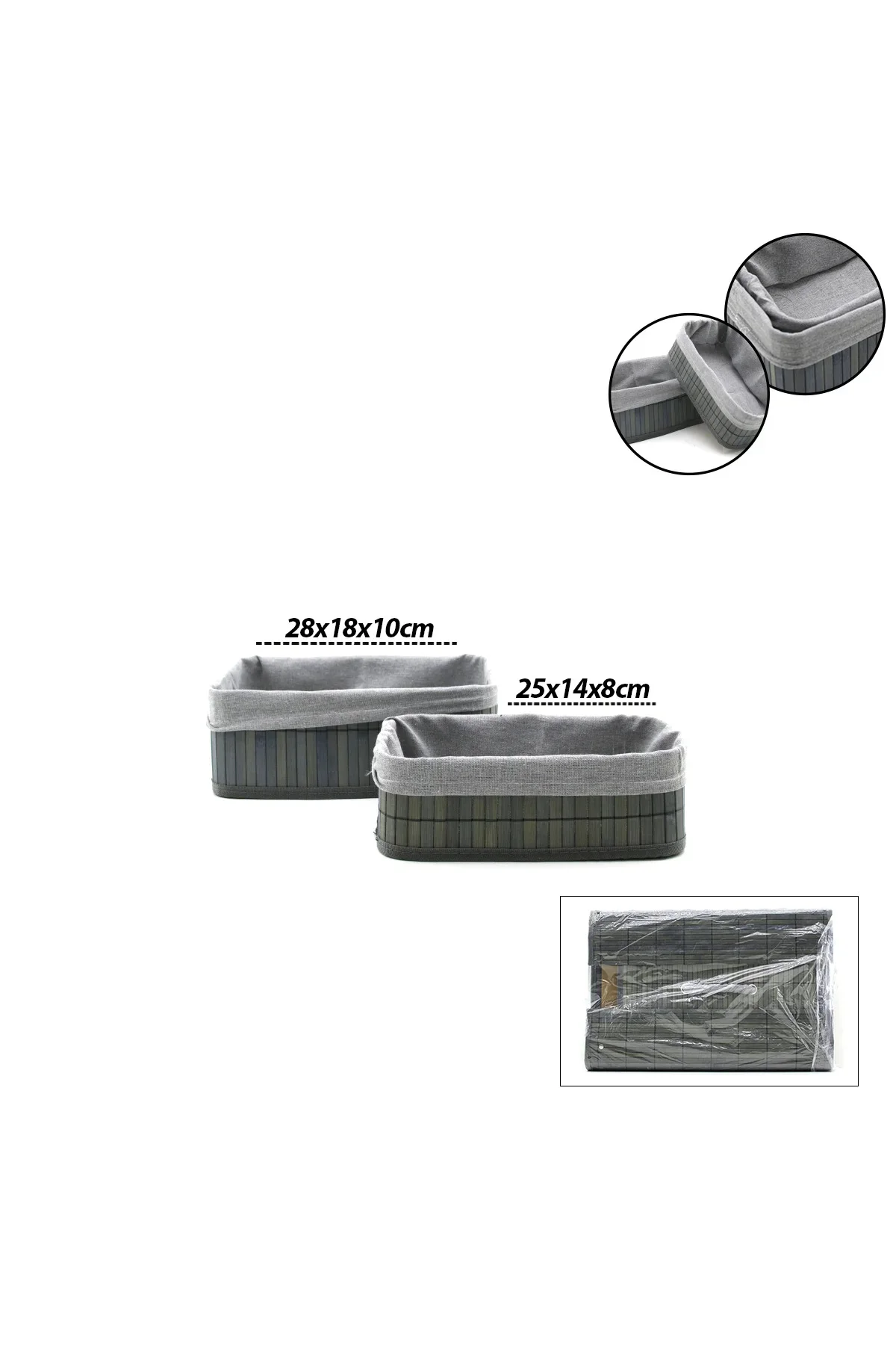 Gri Bambu Kenarlı Dikdörtgen Organizer Sepet (25x14 / 28x18 cm) - Ahşap Taban, Bezli Gri Bambu Kenarlı Dikdörtgen Organizer Sepet (25x14 / 28x18 cm) - Ahşap Taban, Bezli