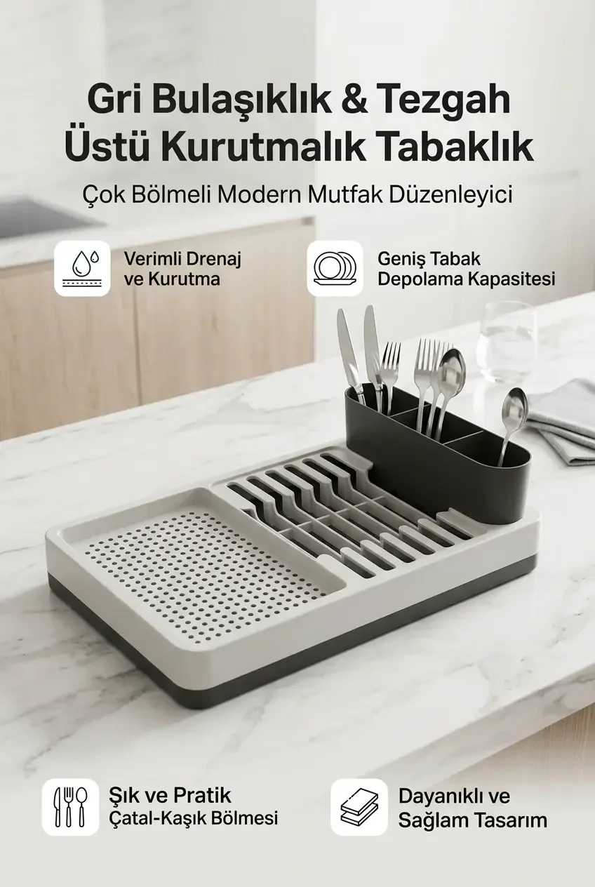 Gri Bulaşıklık Tabaklık Bardaklık Kaşıklık Tezgah Üstü Mutfak Organizeri Standı