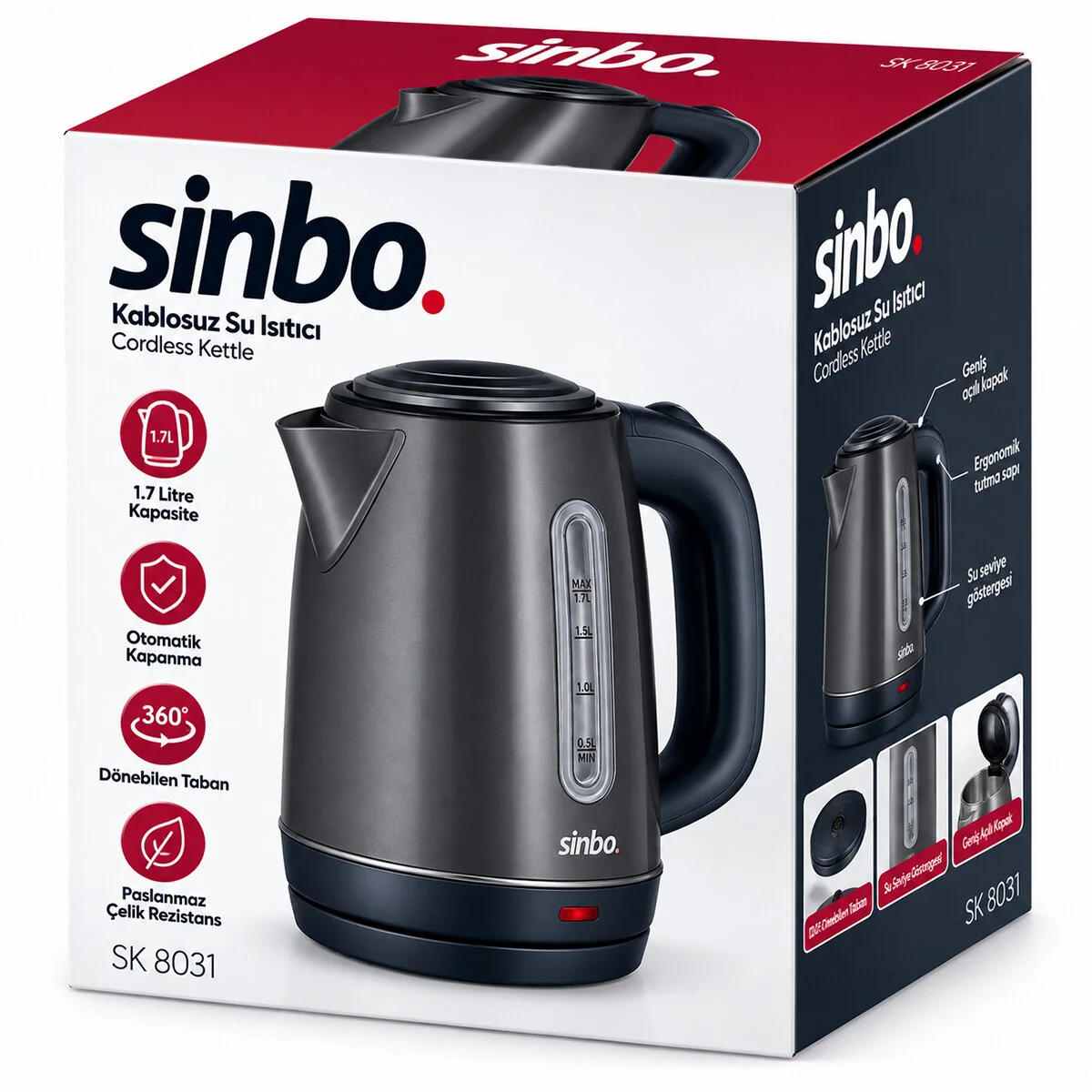 Gri Çelik Kettle Su Isıtıcısı Kablosuz Kullanım 1.8LT 360 Derece Dönebilme Otomatik Kapanma SK-8031 Gri Çelik Kettle Su Isıtıcısı Kablosuz Kullanım 1.8LT 360 Derece Dönebilme Otomatik Kapanma SK-8031