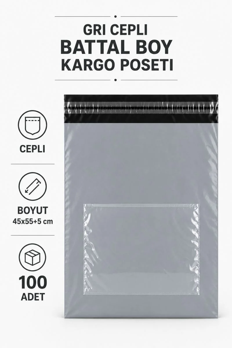 Gri Cepli Battal Boy Kargo Poşeti 45x55+5 Cm 100 Adet Gri Cepli Battal Boy Kargo Poşeti 45x55+5 Cm 100 Adet