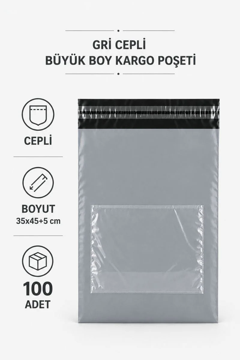 Gri Cepli Büyük Boy Kargo Poşeti 35x45+5 Cm 100 Adet Gri Cepli Büyük Boy Kargo Poşeti 35x45+5 Cm 100 Adet