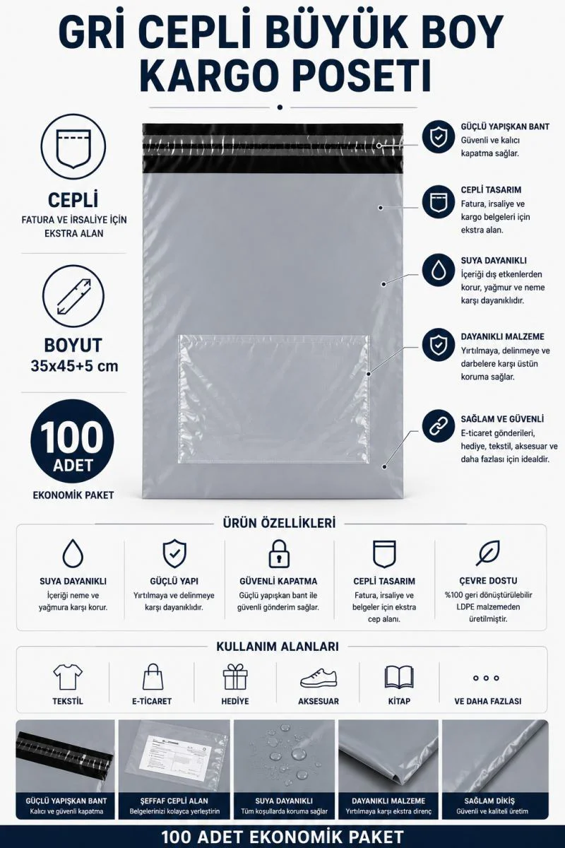 Gri Cepli Büyük Boy Kargo Poşeti 35x45+5 Cm 100 Adet Gri Cepli Büyük Boy Kargo Poşeti 35x45+5 Cm 100 Adet