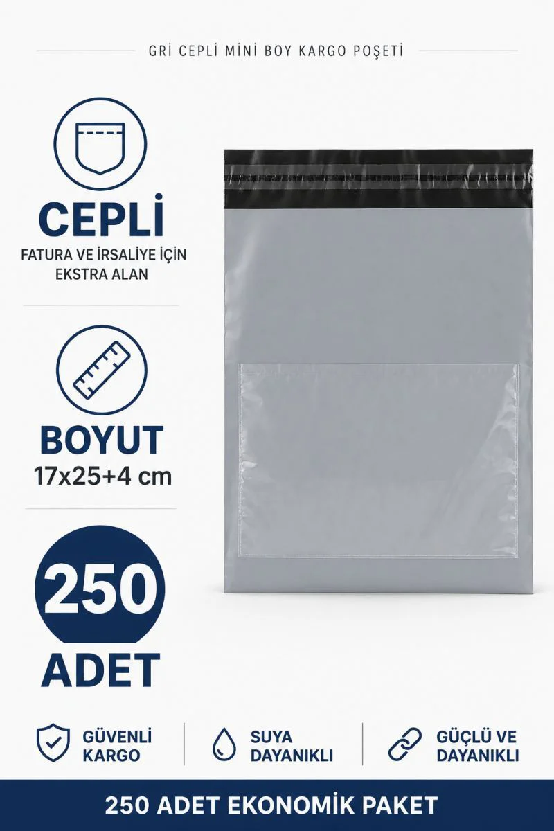 Gri Cepli Mini Boy Kargo Poşeti 17x25+4 Cm 250 Adet Gri Cepli Mini Boy Kargo Poşeti 17x25+4 Cm 250 Adet
