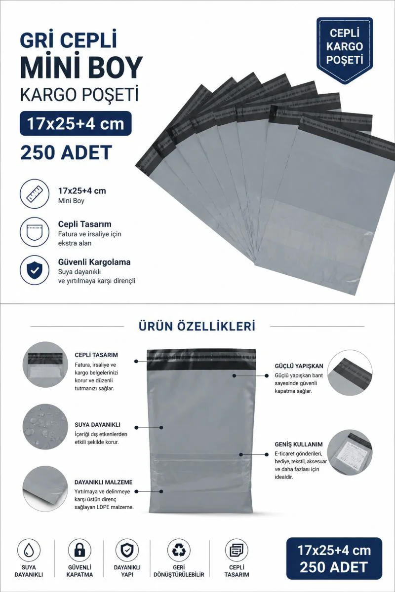 Gri Cepli Mini Boy Kargo Poşeti 17x25+4 Cm 250 Adet Gri Cepli Mini Boy Kargo Poşeti 17x25+4 Cm 250 Adet