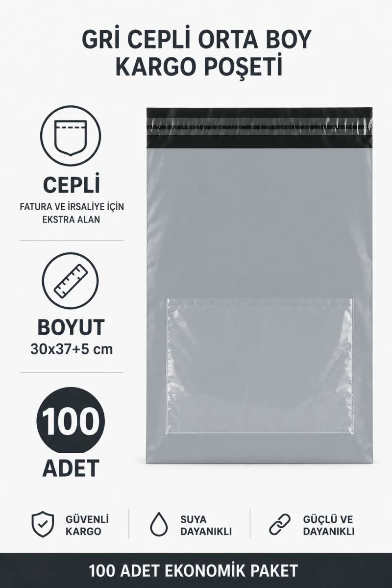Gri Cepli Orta Boy Kargo Poşeti 30x37+5 Cm 100 Adet Gri Cepli Orta Boy Kargo Poşeti 30x37+5 Cm 100 Adet