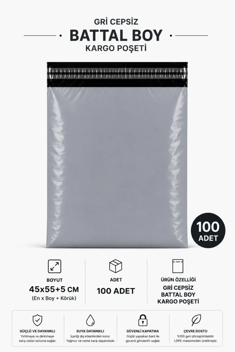 Gri Cepsiz Battal Boy Kargo Poşeti 45x55+5 Cm 100 Adet Gri Cepsiz Battal Boy Kargo Poşeti 45x55+5 Cm 100 Adet