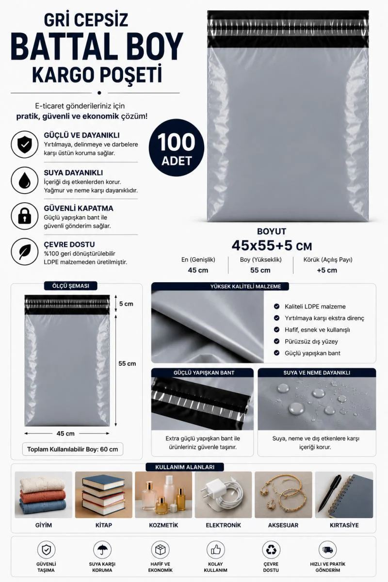 Gri Cepsiz Battal Boy Kargo Poşeti 45x55+5 Cm 100 Adet Gri Cepsiz Battal Boy Kargo Poşeti 45x55+5 Cm 100 Adet