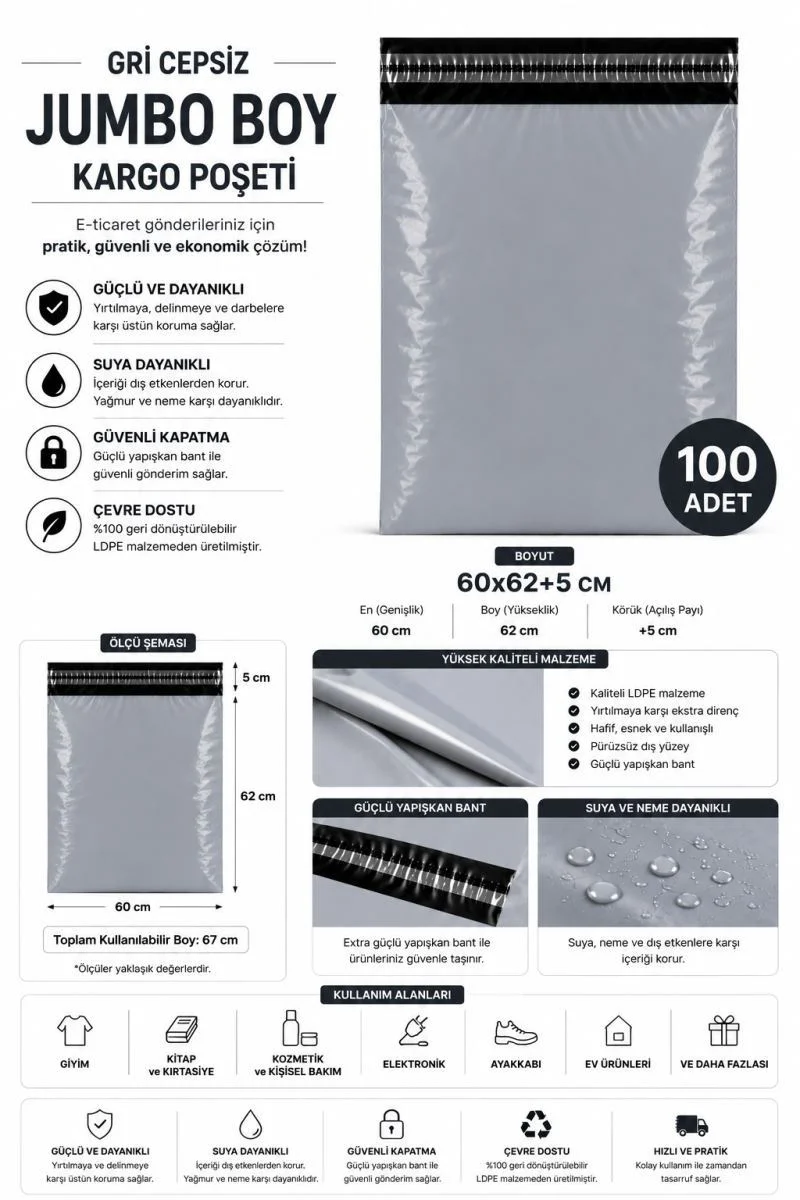 Gri Cepsiz Jumbo Boy Kargo Poşeti 60x62+5 Cm 100 Adet Gri Cepsiz Jumbo Boy Kargo Poşeti 60x62+5 Cm 100 Adet