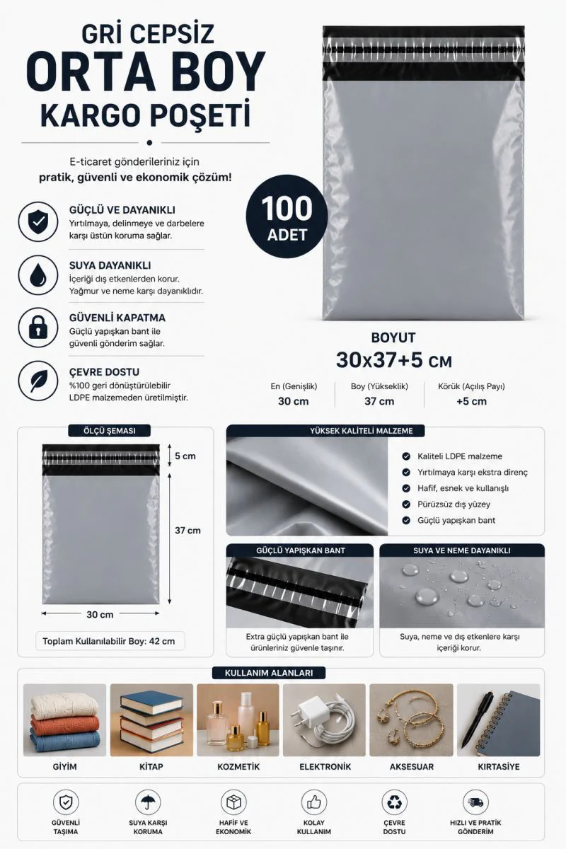 Gri Cepsiz Kargo Poşeti 30x37+5 Cm – 100 Adet Dayanıklı Paketleme Poşeti Fiyatı, Yorumları ve Özellikleri