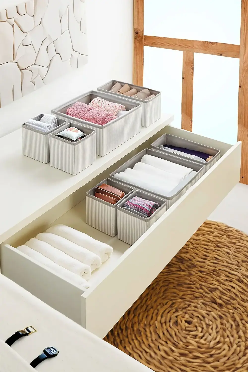 Gri Çizgili Çekmece İçi Organizer Set – Katlanabilir Kumaş Düzenl