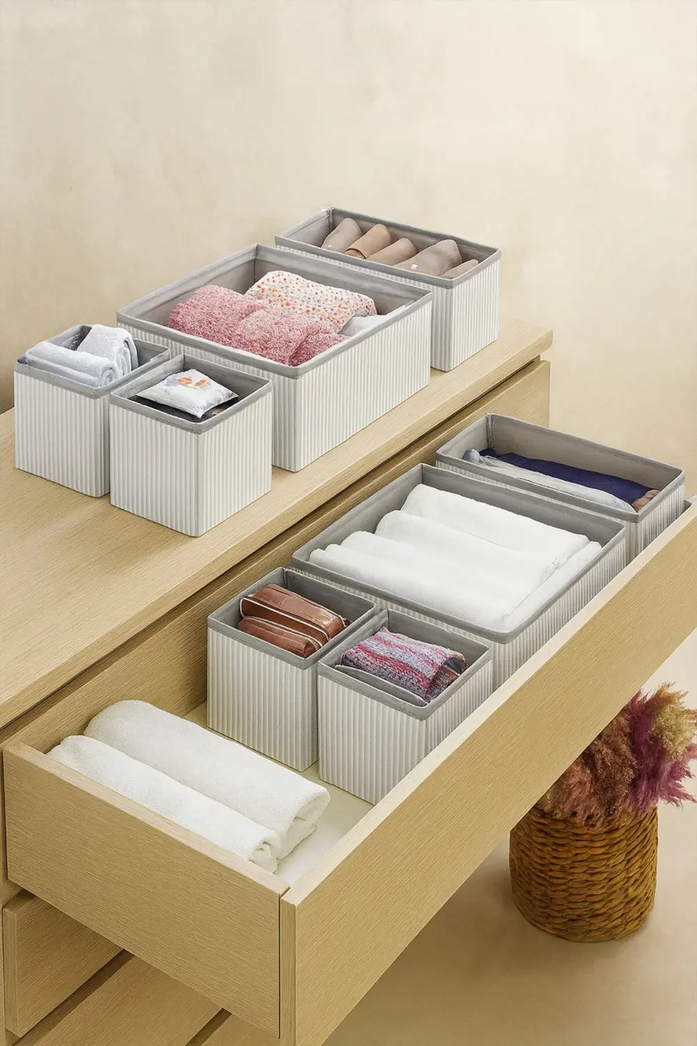 Gri Çizgili Çekmece İçi Organizer Set – Katlanabilir Kumaş Düzenl