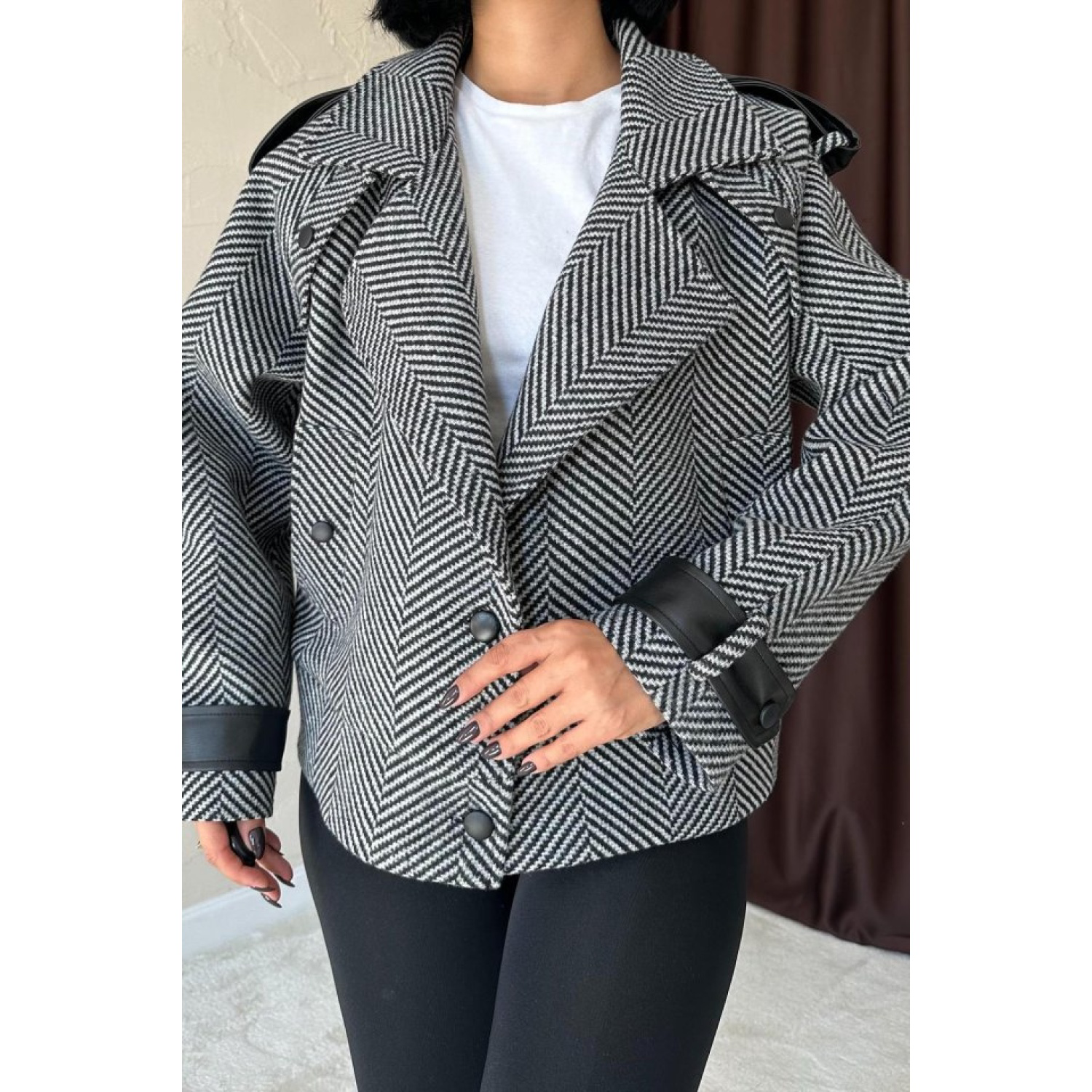 Gri Çizgili Deri Garnili Ceket