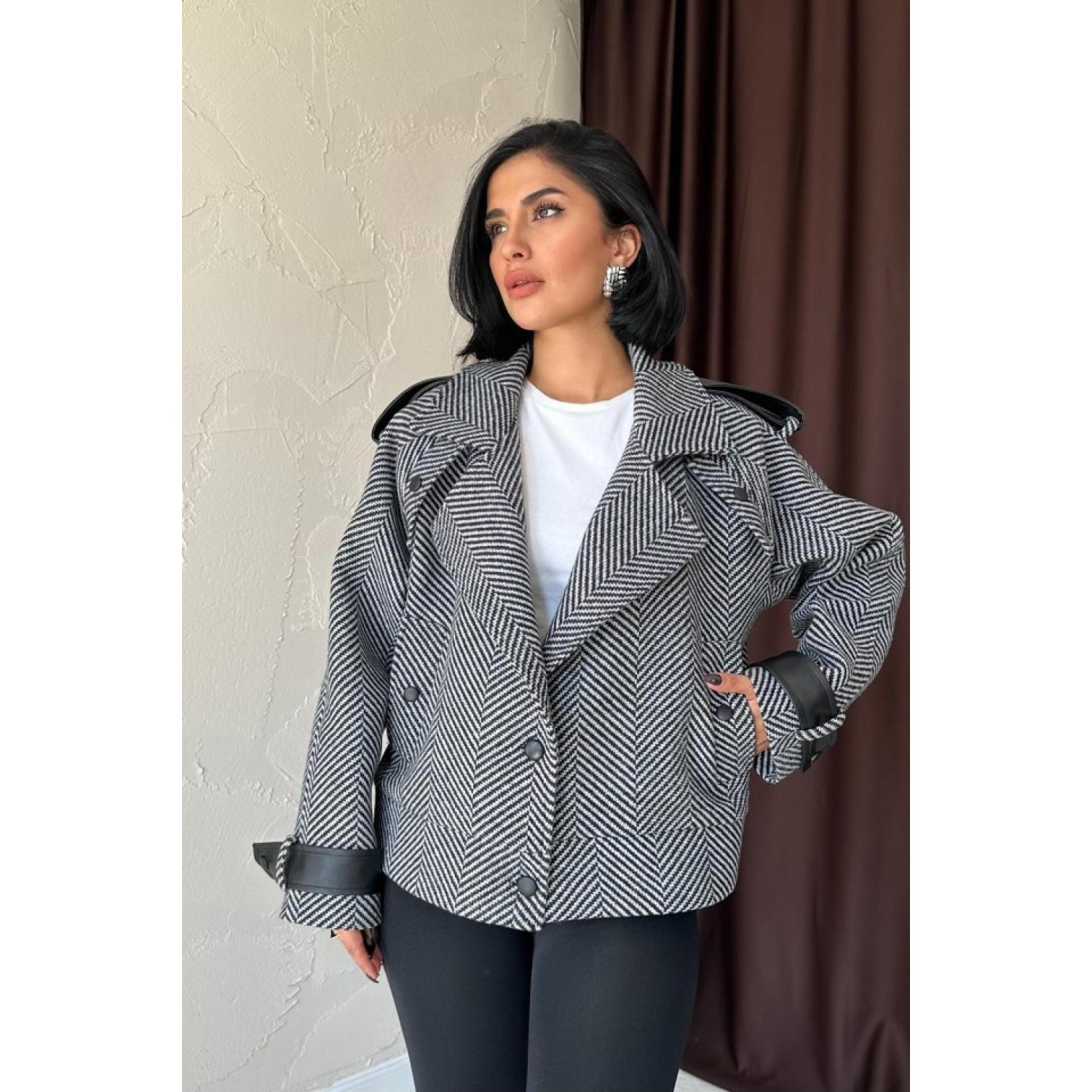 Gri Çizgili Deri Garnili Ceket