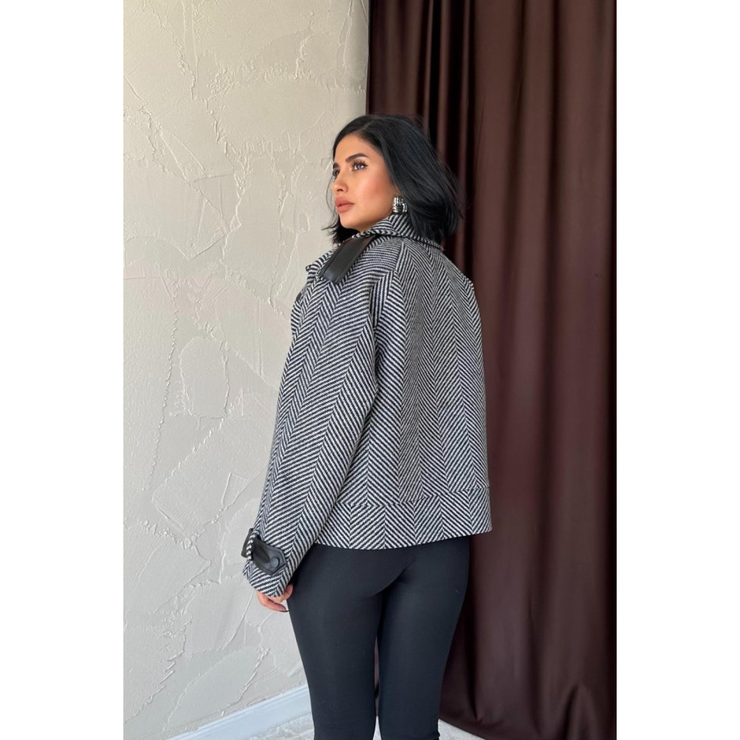 Gri Çizgili Deri Garnili Ceket