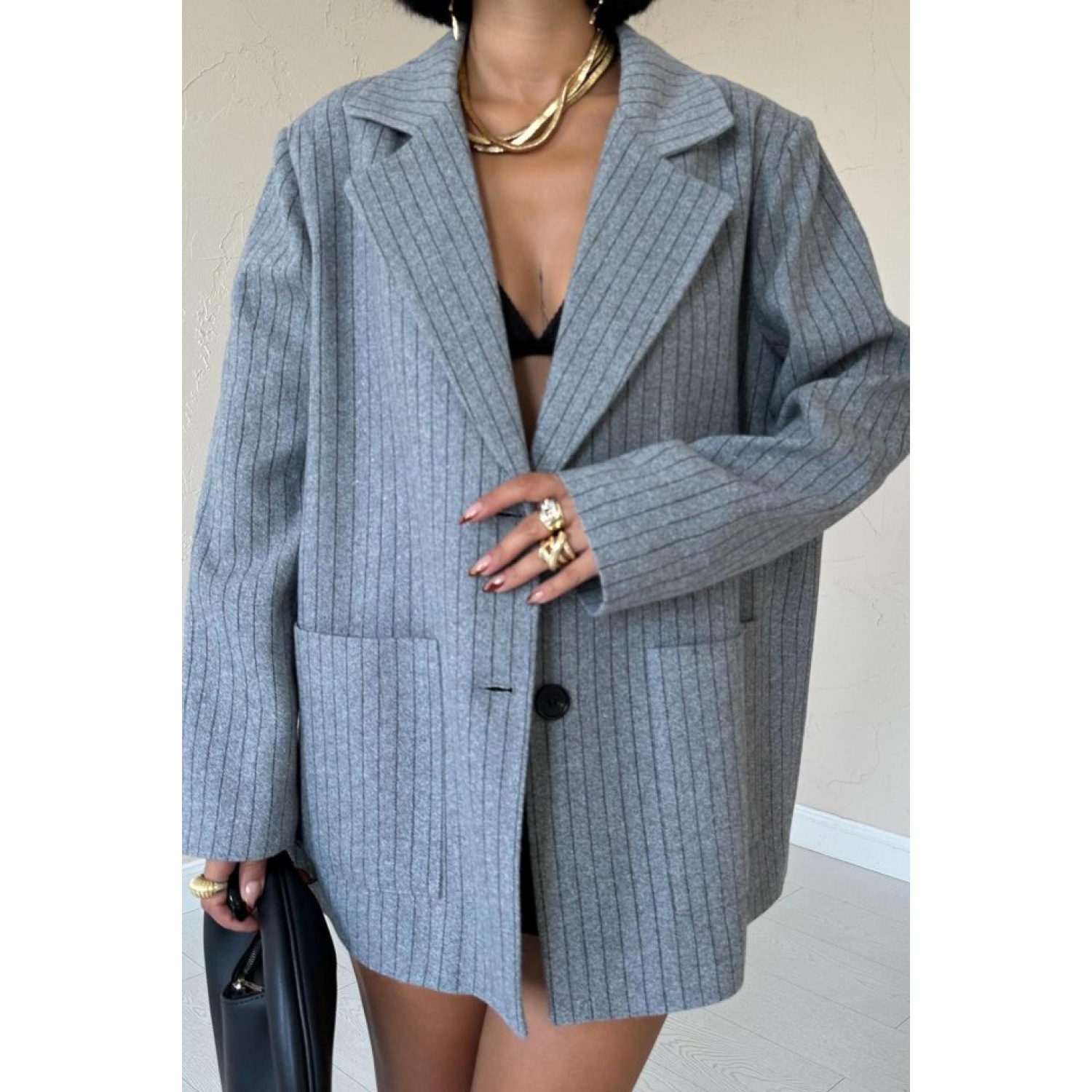 Gri Çizgili Oversize Ceket