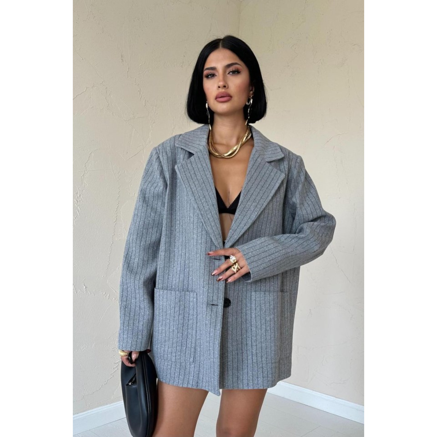 Gri Çizgili Oversize Ceket