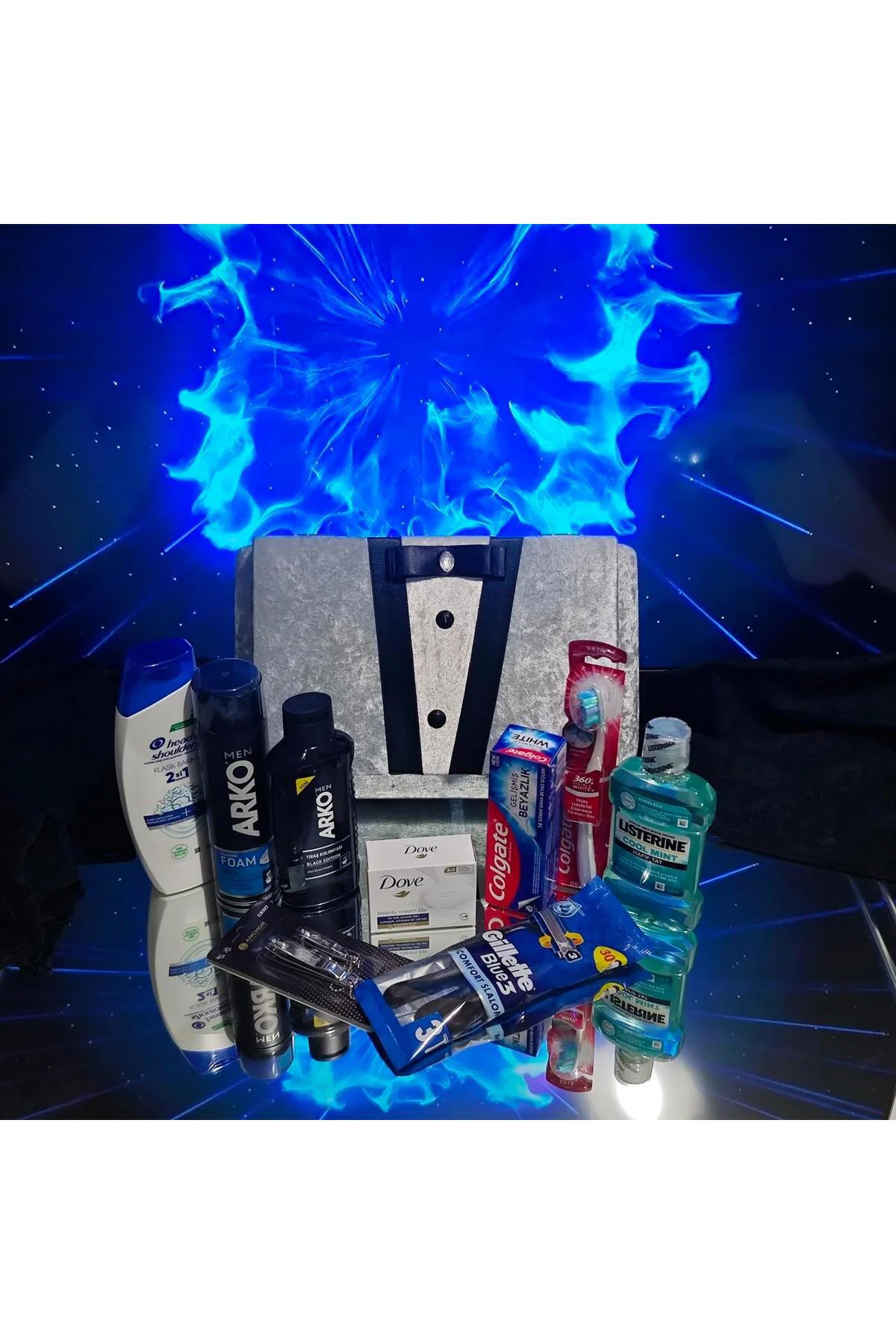 Gri Damat Çeyiz Sandığı – Nişan Düğün Erkek Bakım ve Tıraş Seti